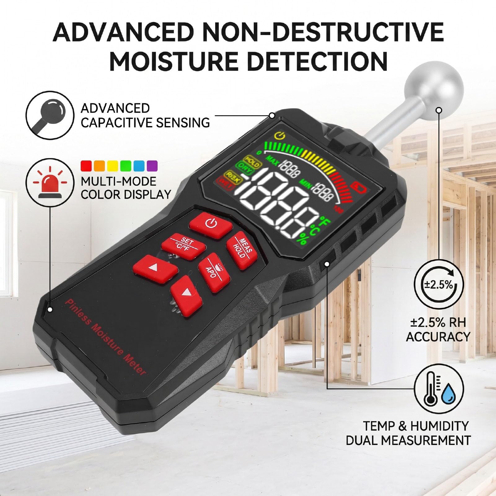 Medidor de Humedad de Pared con Gráfico de Barras de Colores, Alarma LED y LCD Retroiluminada para Gabinetes, áticos, Casas Rodantes, Campistas