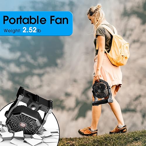 Miniatura 6 de Ventilador de camping con linterna LED, 20000 mAh, 9 pulgadas, portátil, recargable, con velocidad continua y funciona con batería silenciosa, para