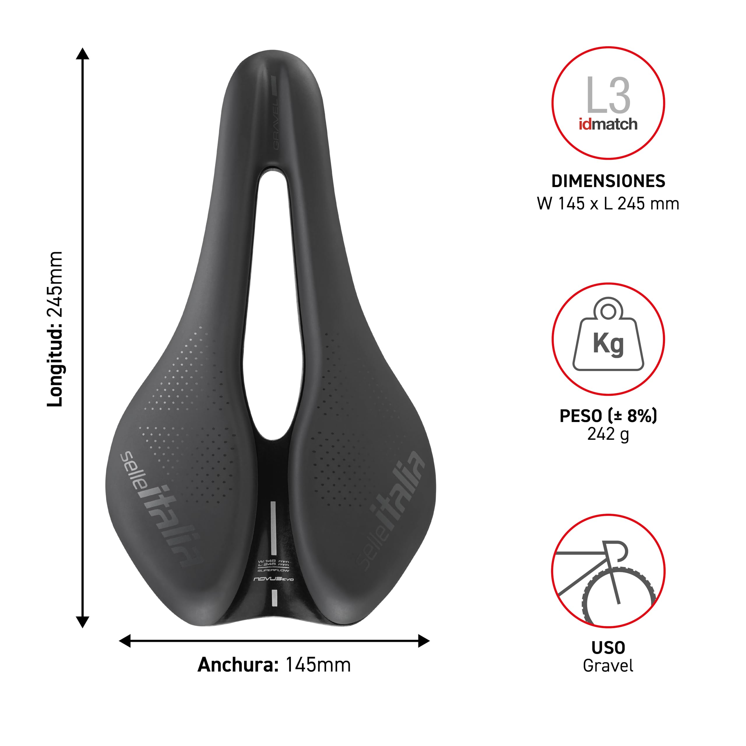 Selle Italia Novus Boost EVO Gravel TM Superflow - Sillín para Bicicleta Gravel, Acolchado Extra, Agujero Superflow