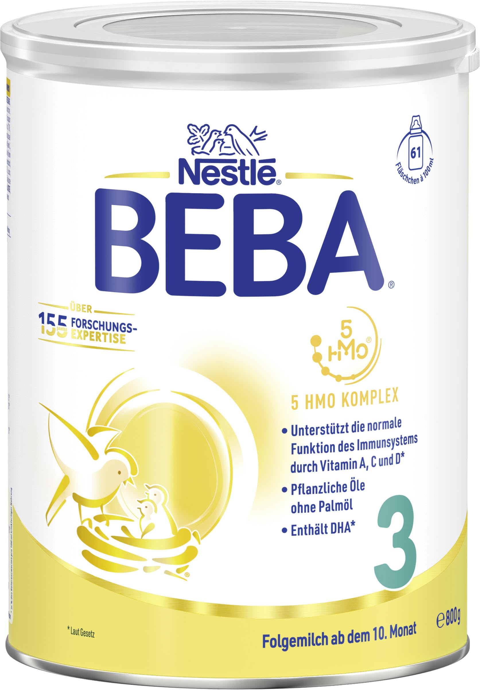 BEBA 3 - Folgemilch ab dem 10. Monat, Mit 5 HMO Komplex, Altersgerecht angepasster Proteingehalt, Nur Laktose, Ohne Palmöl, Ohne Fischöl, Babynahrung, Baby-Milchpulver, 6er Pack (6 x 800g)