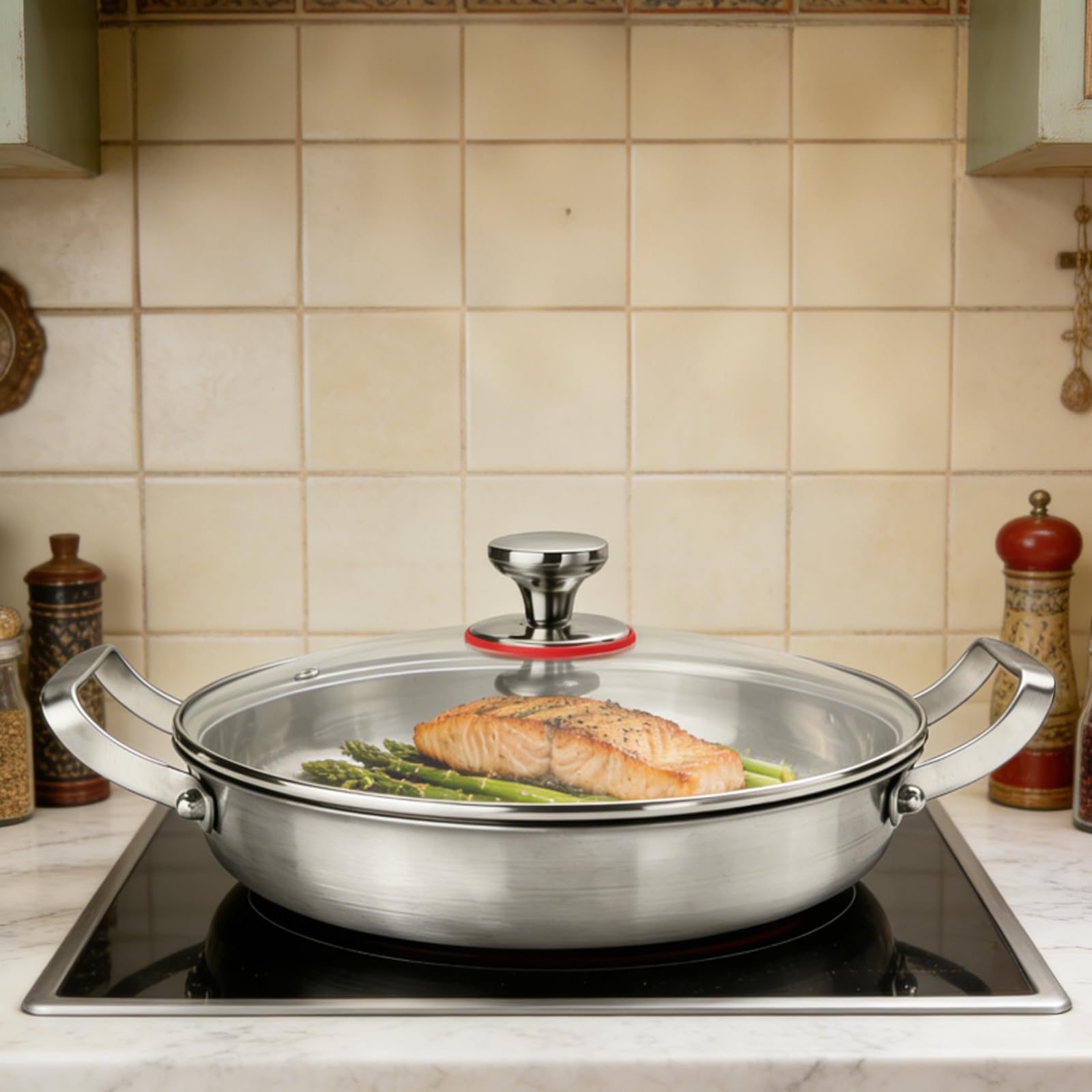 Padella in acciaio inox martellato titanio 32 Cm, Padella a tre strati induzione, senza rivestimento antiaderente naturale, friggere saltare stufare a vapore, coperchio vetro 2 maniglie