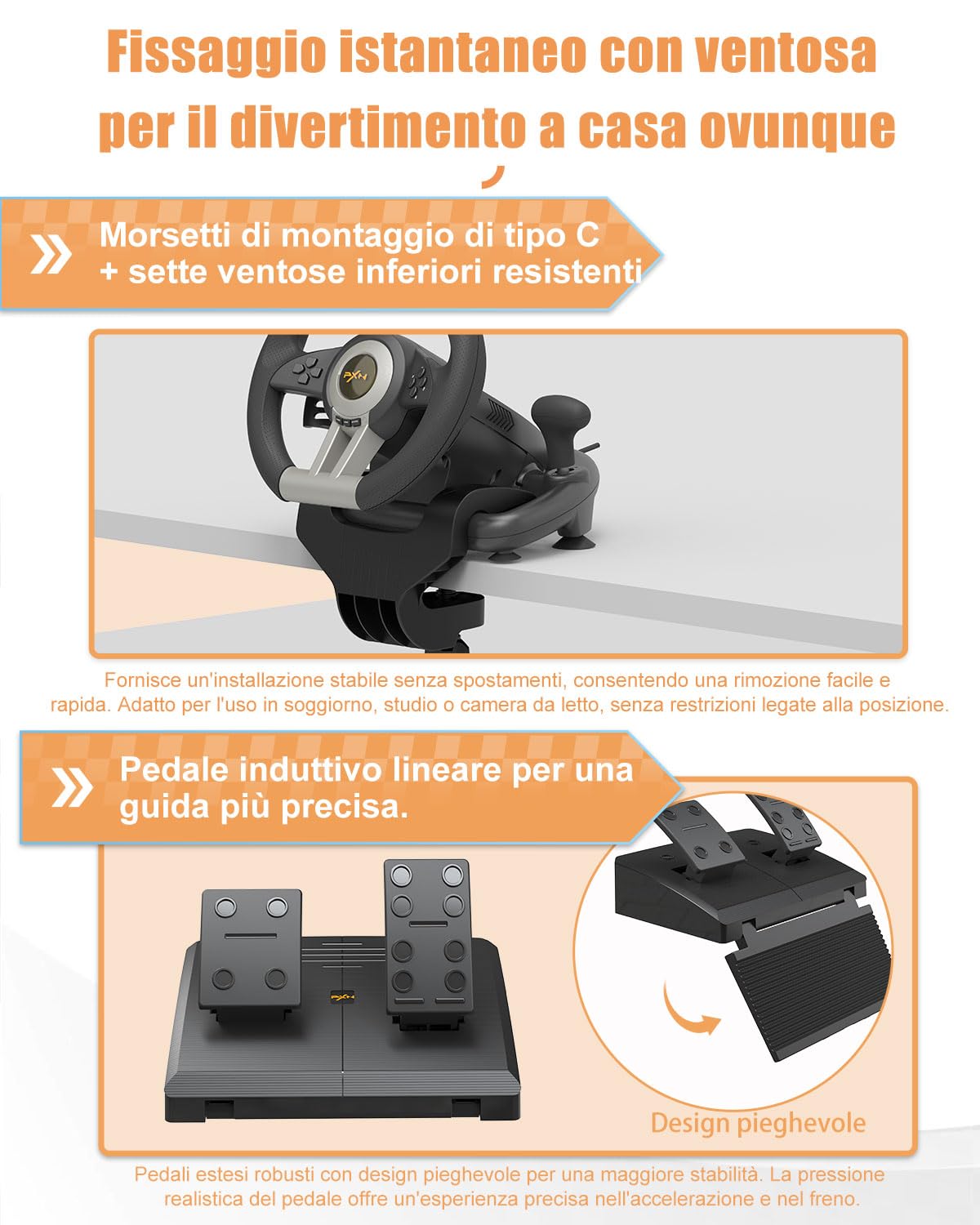 PXN V3 Pro Volante da Gioco con Pedali - 180°, Feedback di Vibrazione, Leva del Cambio Integrata, Palette del Cambio - Volante per PC, PS4, PS3, Xbox e N Switch - Nero