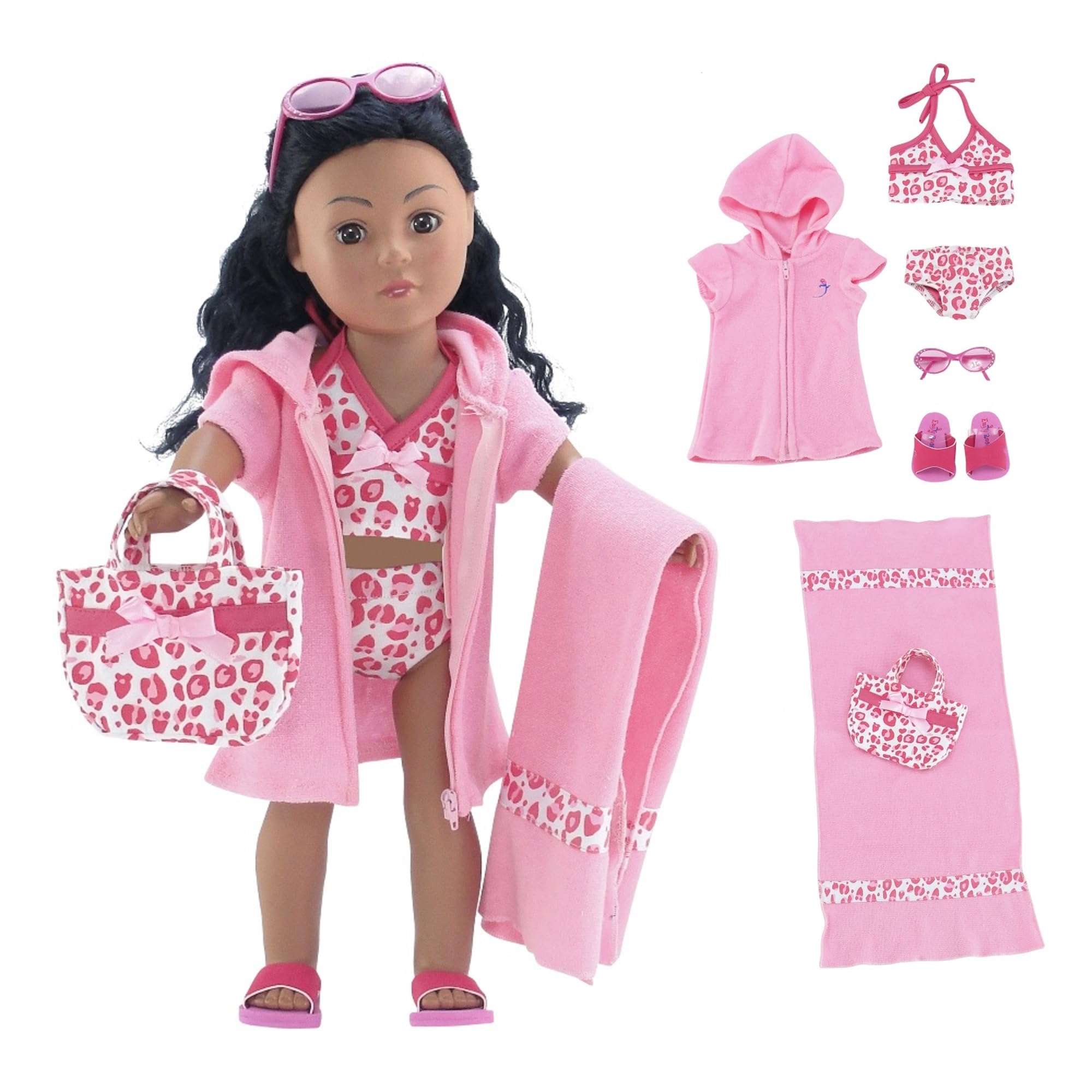 18 Inch Doll Bathing Suit Set Tankini Outfit – Emily Rose 6 Piece Swimming Set with Hooded Coverup, Towel, Sunglasses, Flip Flops & Tote Bag – Doll NOT Included – Fits American Girl Our Generation