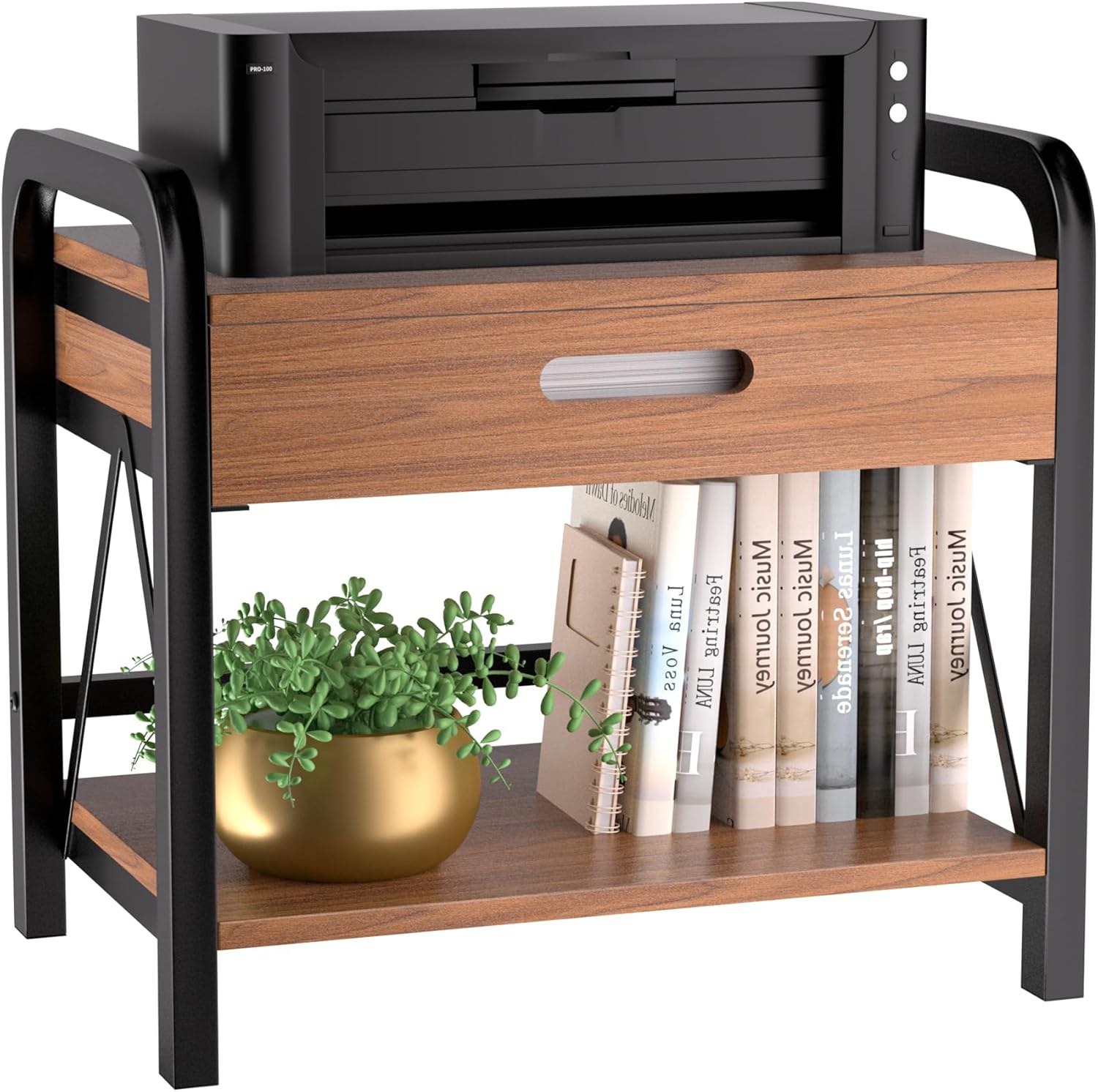 Printer Stand with Storage for Desk, 2 Tier Desktop Printer Table Shelf for Home Office with Wooden Storage Drawer, Multi-Purpose Desk Organizer for Fax Machine, Scanner