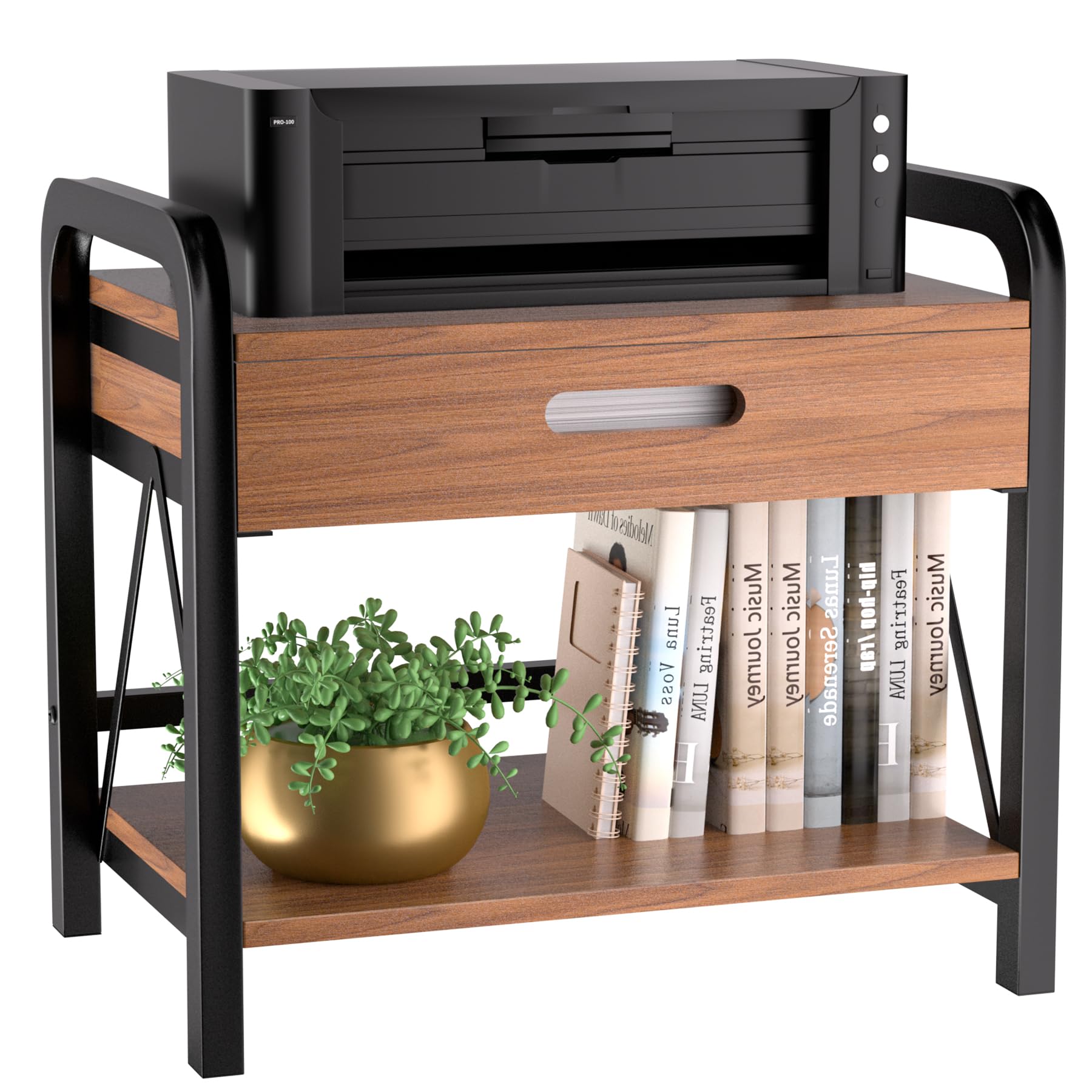 Photo 1 of **DOOR CAME APART***Dhmkfly Printer Stand with Storage for Desk, 2 Tier Desktop Printer Table Shelf for Home Office with Wooden Storage Drawer, Multi-Purpose Desk Organizer for Fax Machine, Scanner