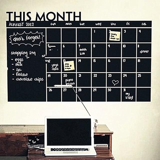 DIY Month Plan Calendar Chalkboard Removable Wall Sticker Drawing Black Board Learning Wall Stickers Monthly Planner Blank Reusable Office Supplies (Black)