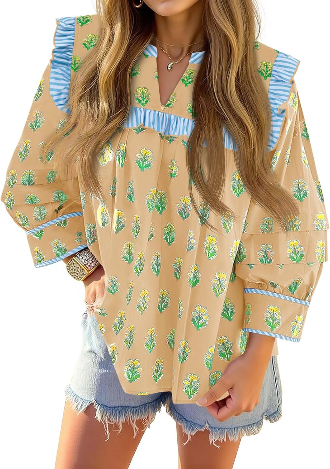 Tankaneo Womens Floral Babydoll Blouse Puff Sleeve Peplum Tops Casual Ruffle V Neck Flowy Boho Cute Shirts