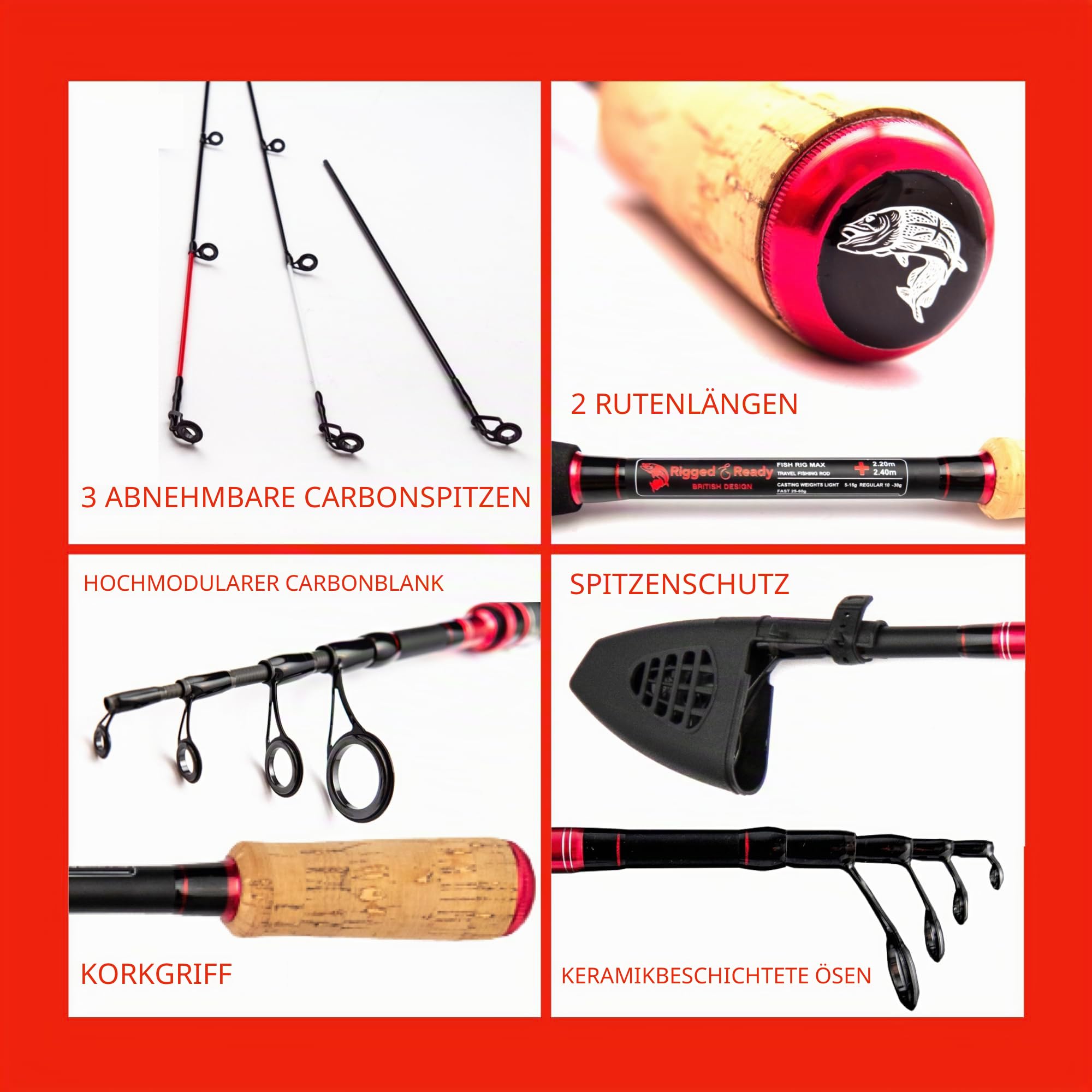 Rigged and Ready Fish Rig Super-Light Compact Travel Rods. 1 Spinning Multi-Section,2 Telescopic Rods,1 Combination, 3 Tips + Case. Bass, Trout, Carp, Fresh & Saltwater Fishing