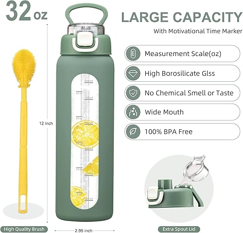 Miniatura 4 de Botellas de agua de vidrio de 32 onzas con 2 tapas, tapa de boquilla con asa y tapa de popote, botella de agua motivacional de borosilicato de 1