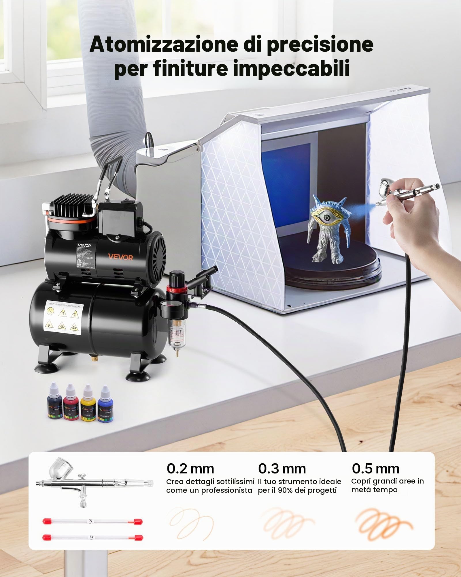 VEVOR Set Aerografo 1/6 HP Compressore d'Aria e Serbatoio, 1 Spruzzatore Aerografo Doppia Azione con 3 Ugelli (0,2/0,3/0,5 mm) Flusso d'Aria 23-25 L/min, Decorazione di Torte, Pittura di Modelli