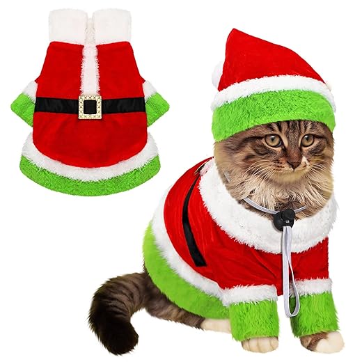 Cat Christmas Costume Lime Green Character Pet Outfit Holiday Green Furry Pet Velvet Costume Cosplay Outfit Cute Funny Christmas Dogs and Cats Clothes for Party Favors(Large)
