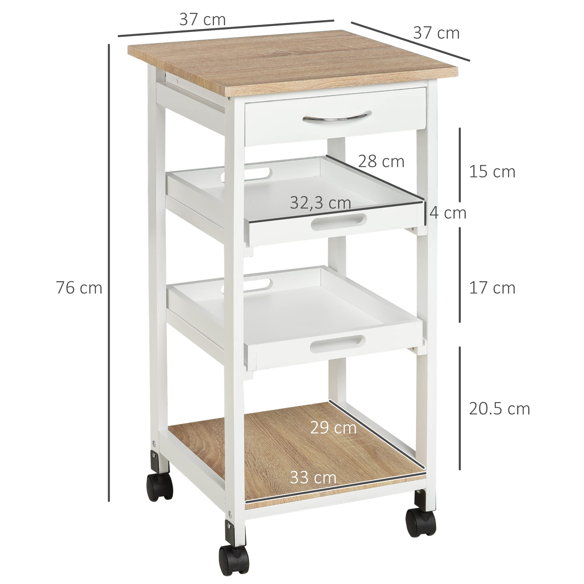 HOMCOM Chariot de Service desserte de Cuisine à roulettes 2 Plateaux Amovibles, tiroir, étagère chêne Clair Bois pin Blanc