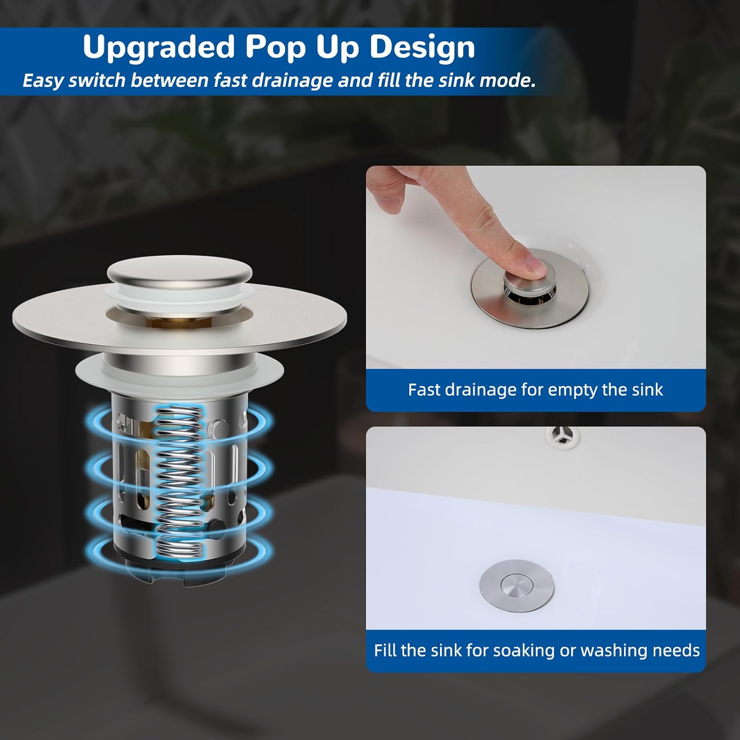 Hibbent 3 Pack 3 in 1 Bathroom Sink Drain Strainer, Universal Pop Up Stopper with Removable Stainless Steel Filter Basket Hair Catcher, Sink Plug for 1.1''~2.36'' Basin, Brass Core, Brushed Nickel