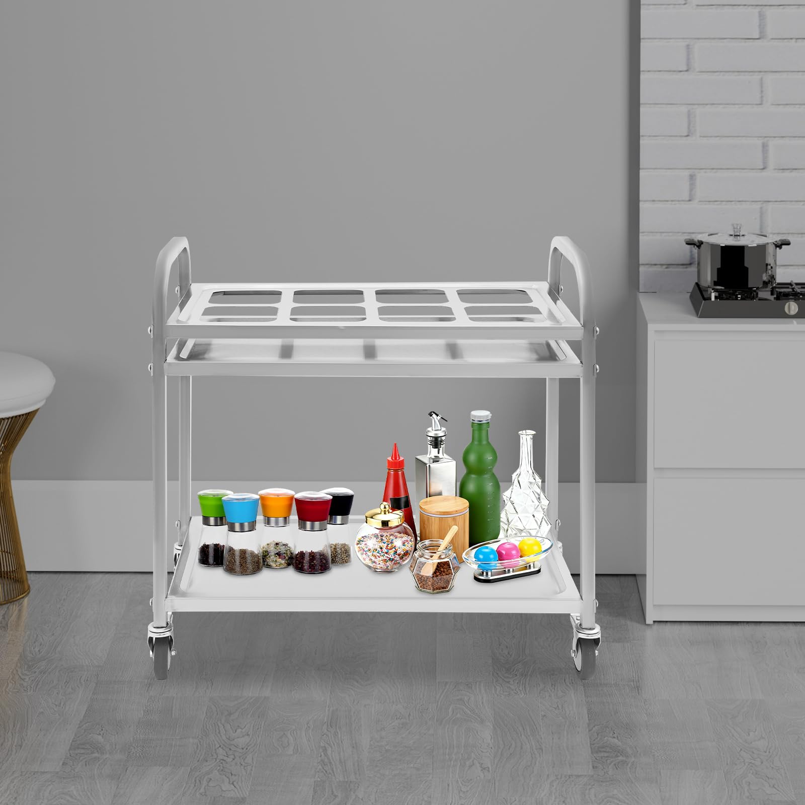 Carro de servicio de acero inoxidable 201 para especias, carrito de servicio con ruedas con 8 compartimentos, para restaurante y hotel, para camareros y personal de cocina