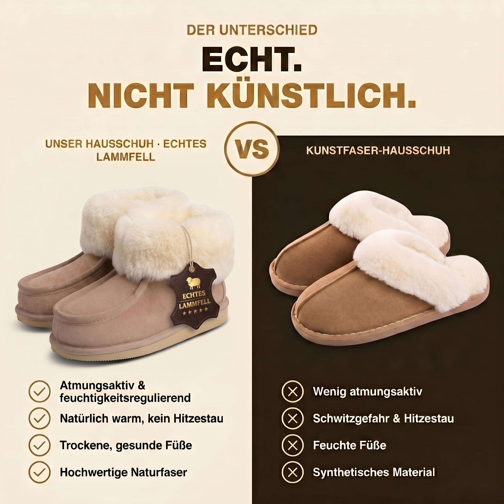 Rohn Moden Lammfell Hausschuhe für Damen und Herren – Puffin – Warme Hausschuhe mit Schaffell & rutschfester EVA-Sohle – Winter Pantoffeln für zuhause – Slipper gefüttert - Braun
