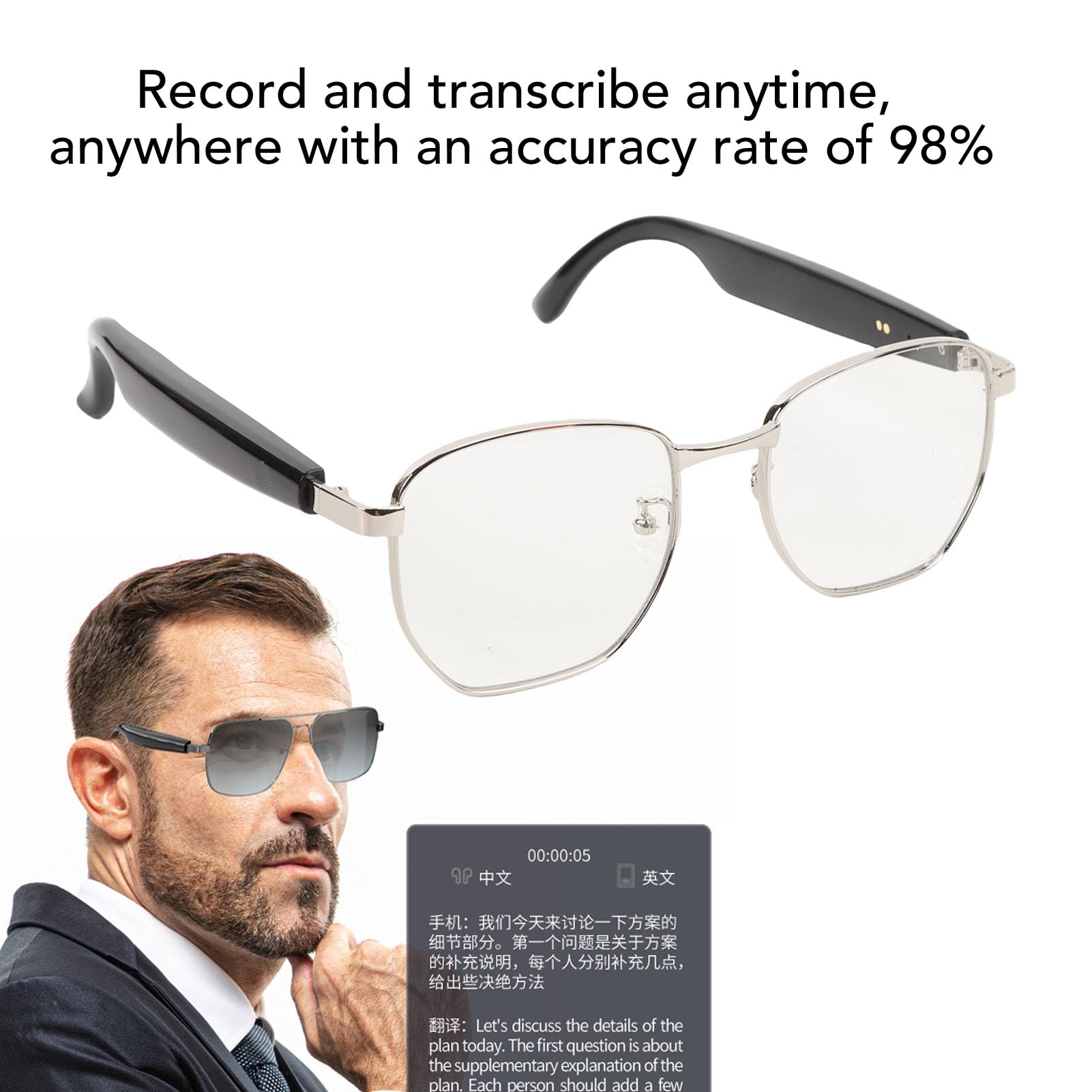 ariarly AI Translation Glasses Smart Glasses Multifunctional Unisex Bluetooth 5.4 Glasses Translation Glasses Support for GPT for DeepSeek Transparent Lens (Silver)