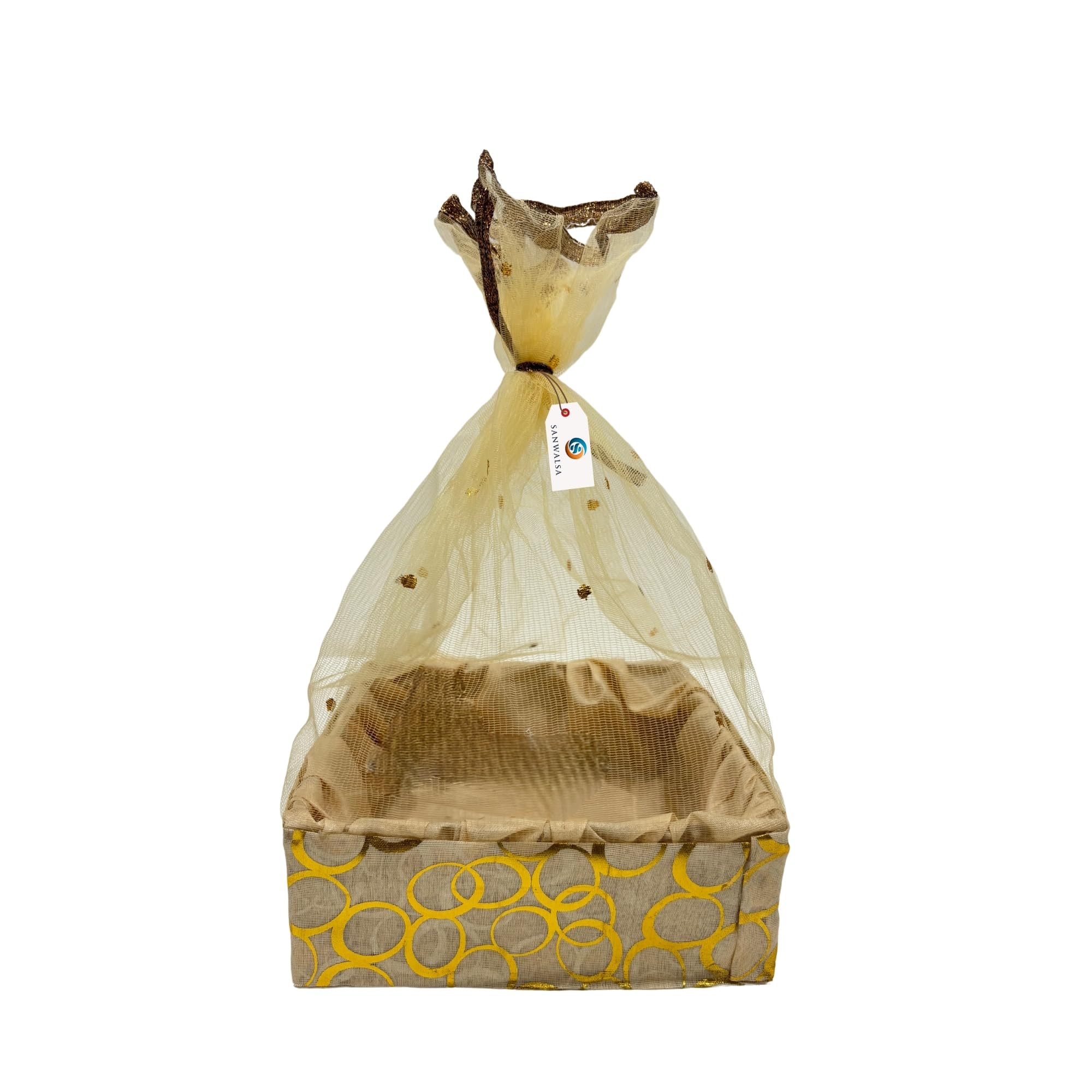 (Medium, 10x10x2 inch, Square) MDF Base Designer Gift Hamper Packaging Baskets with Net Cover, Gift Hamper Organiser perfect for any occasion (Beige)