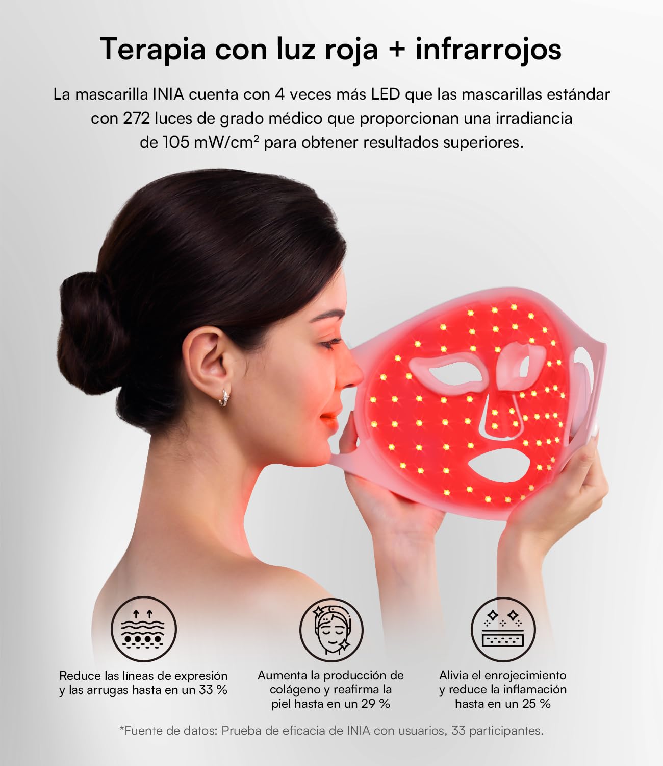 Máscara Facial LED Inalámbrica INIA Glow, Máscara de Terapia de Luz Roja Aprobada por la FDA con Luz Roja Cercana al Infrarrojo (NIR), Diseño Recargable y Ergonómico para el Hogar y Viajes, Rosa