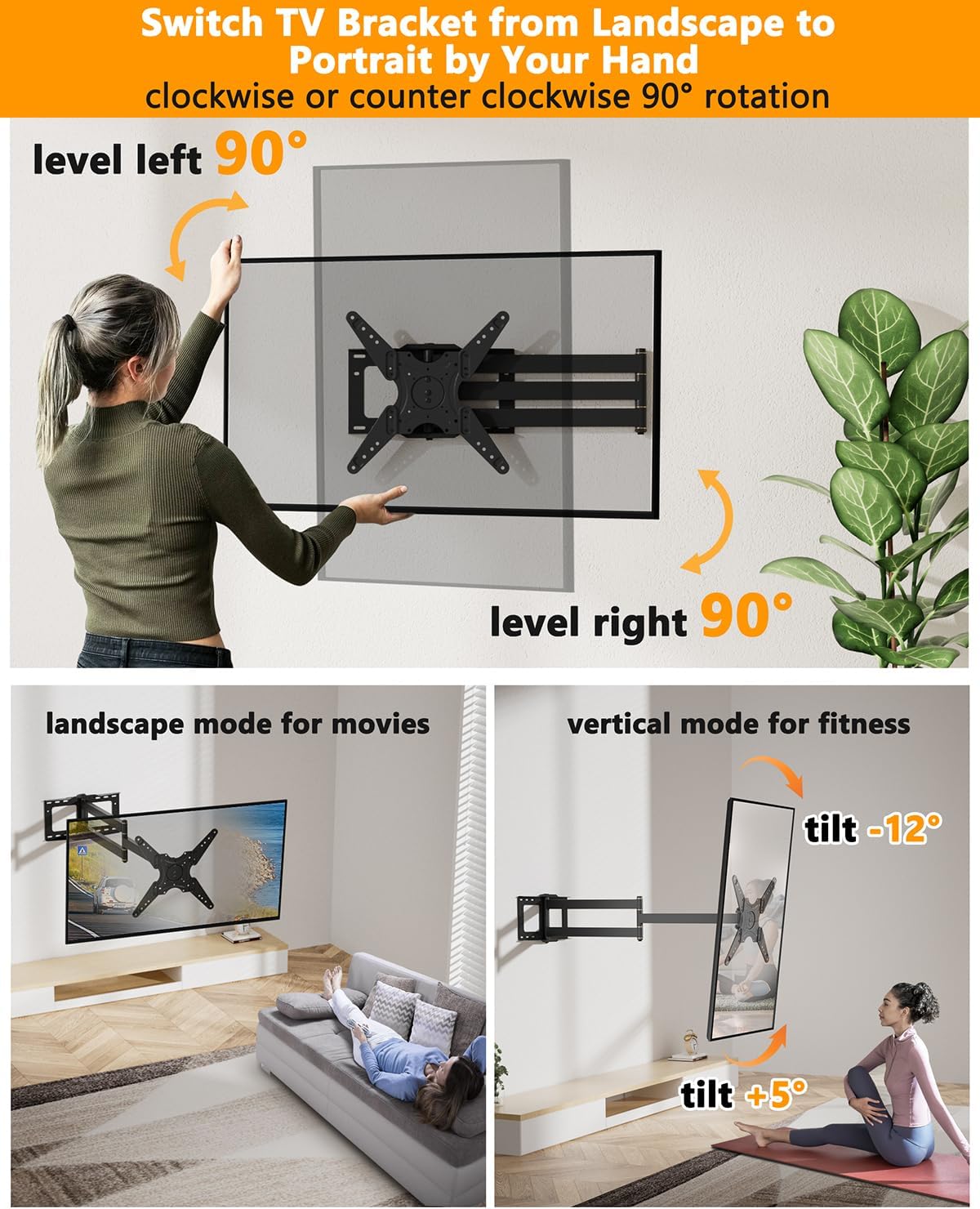 Extra Long Arm TV Wall Mount 48'' Extension, Rotating TV Wall Mount 180° Heavy Duty Full Motion for 26''-65'' Screens, VESA 400x400mm, Load 110 lbs, 16''Wood Stud/Concrete/Brick Wall, WHYFONE