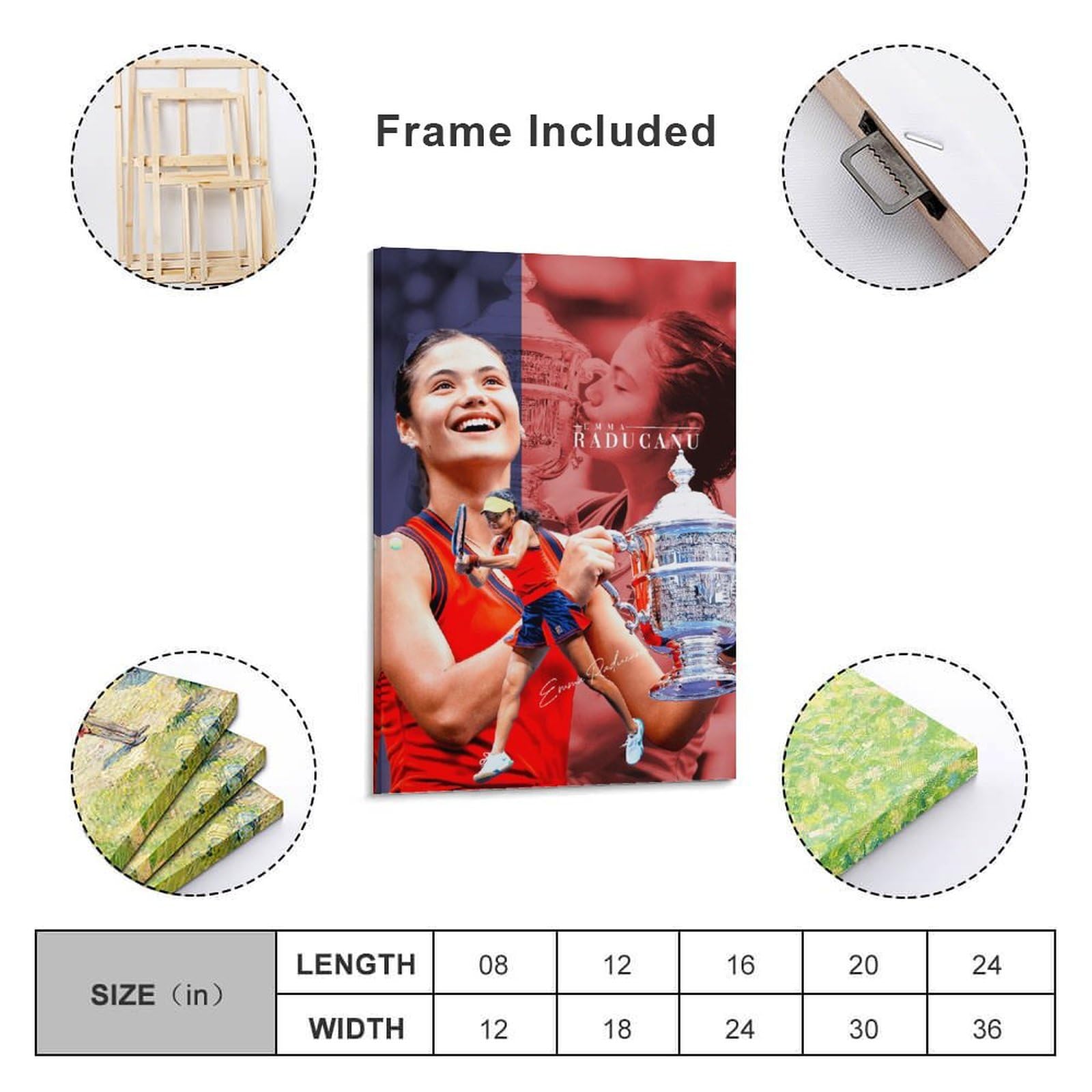 Poster artistico da parete con giocatore di tennis Emma Raducanu, stampa artistica su tela, adatto per camera da letto, soggiorno, ufficio, 30 x 45 cm, senza cornice