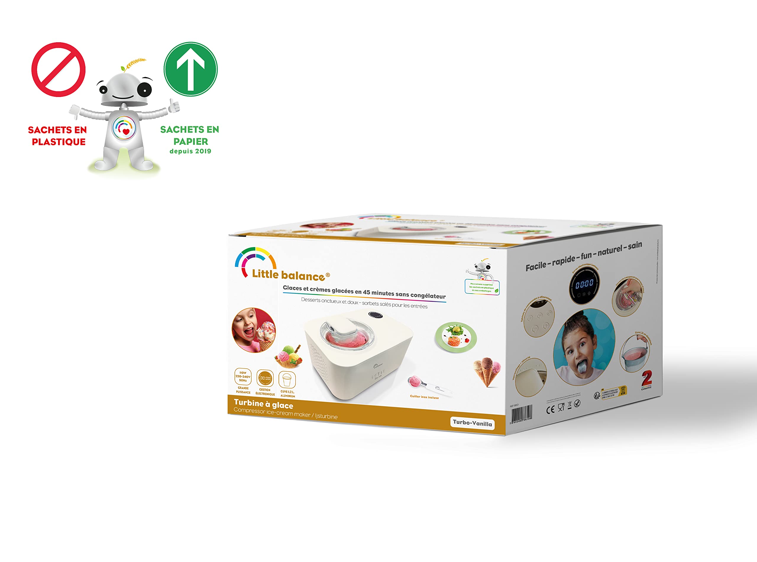 LITTLE BALANCE 8610 Turbo-Vanille, Sorbetière, Turbine à glaces, Machine à glaces 1,2 l, 3 fonctions, crèmes glacées, yaourts glacés et sorbets, 110 W, Crème