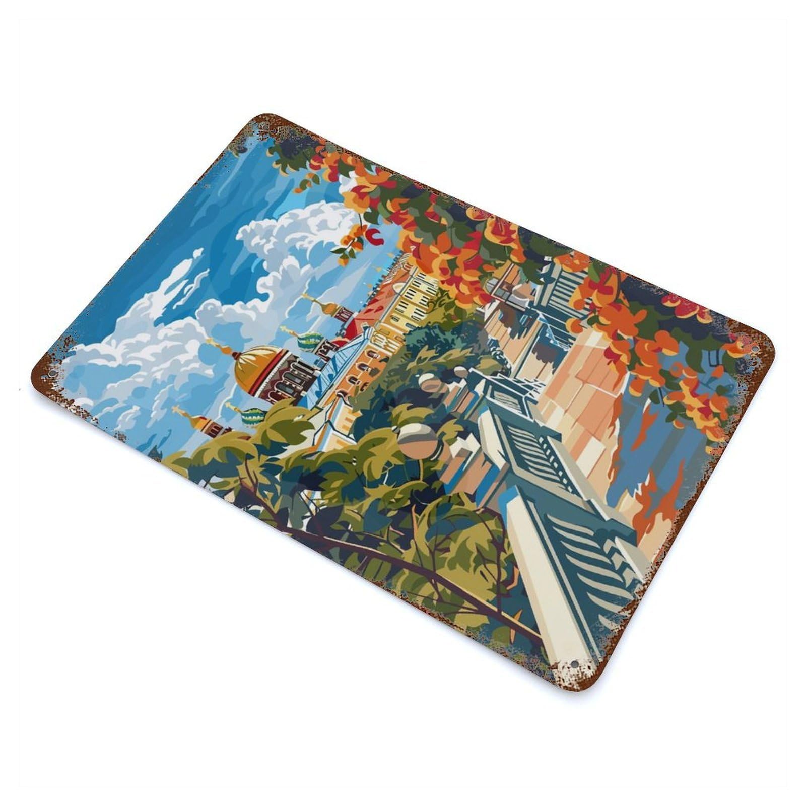 Cityscape with Cathedral And Autumn Foliage Rust Effect Tin Sign 11.8"x7.9", Ideal for Farmhouse, Kitchen And Entryway Decor