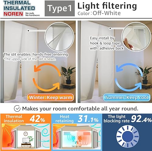 Miniatura 3 de KURENAI Noren - Cortina de filtrado de luz con aislamiento térmico, hecha en Japón, manos libres, mantiene las corrientes de aire fuera (34 pulgadas
