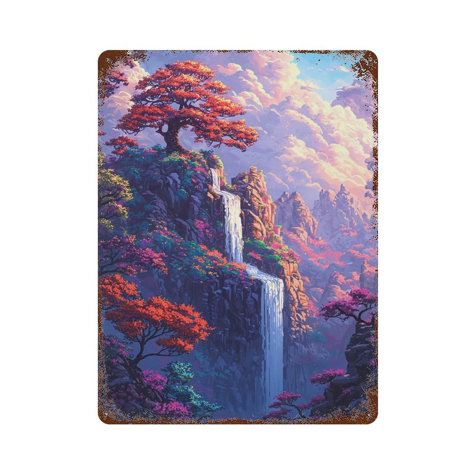Rainbow Mountain Waterfall Scene 15.7"x11.8" Retro Metal Sign, Industrial Home Decor for Basement, Hobby Room And Garage Decor