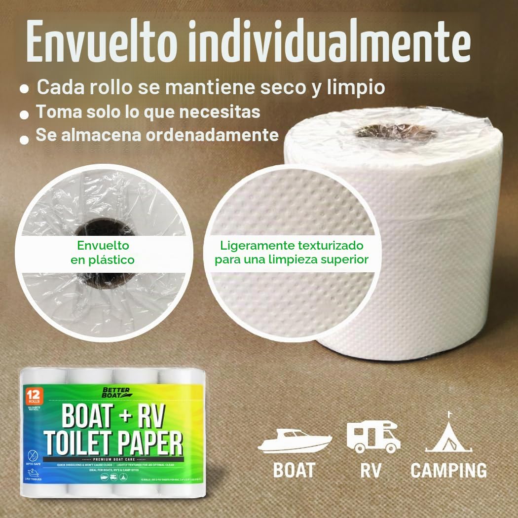 Papel higiénico para barco y caravana, seguro séptico, disolución rápida para uso marino y cámper, biodegradable y seguro para tanques, paquete de 12 unidades