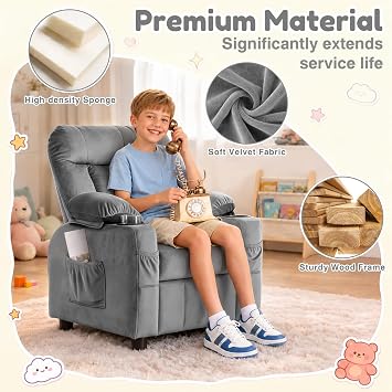 Kids Recliner, Toddlers Kids Recliner Chair with Cup Holder, Ergonomic Adjustable Velvet Lounge Chair with Footrest & Side Pockets, Toddlers Baby Sofa for Boys Girls Bedroom (Gray)