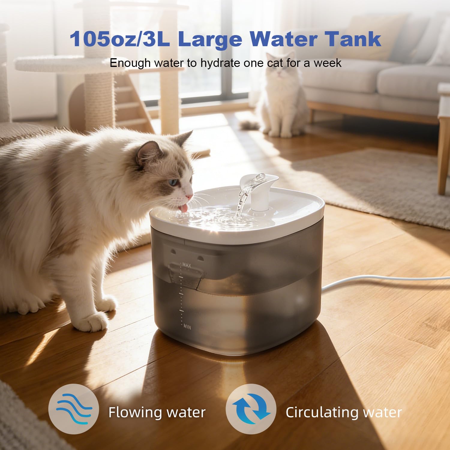 Fontaine à eau pour chat de 3 l – Fontaine à eau silencieuse pour chien avec niveau d'eau – Eau qui coule pour fournir de l'eau fraîche – Pas de pulvérisation, nettoyage facile, convient pour arroseur