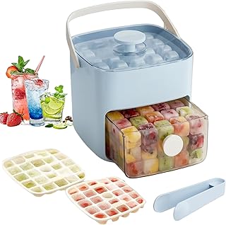 48 Cube Ice Maker with Easy Press Lid, Handled Press-Type Ice Cube Tray Double-Layer with Lid and Bin, Easy Release Ice Maker for Freezer, Portable Ice Cube Maker for Whiskey, Cocktail, Beer (Blue)