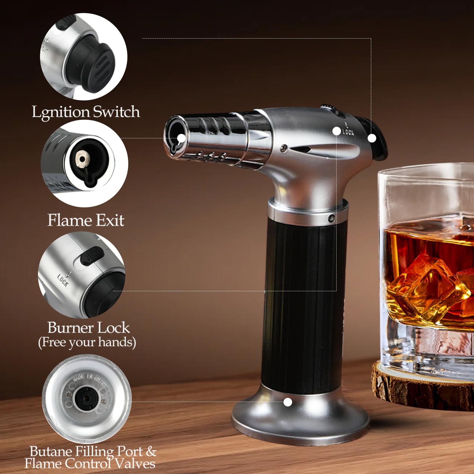 Kit affumicatore per whisky con torcia, 6 sapori di trucioli di legno, 2 bicchieri, 6 pietre, kit infusore per cocktail, bevanda vecchio stile, regalo di compleanno per uomini, papà (senza butano