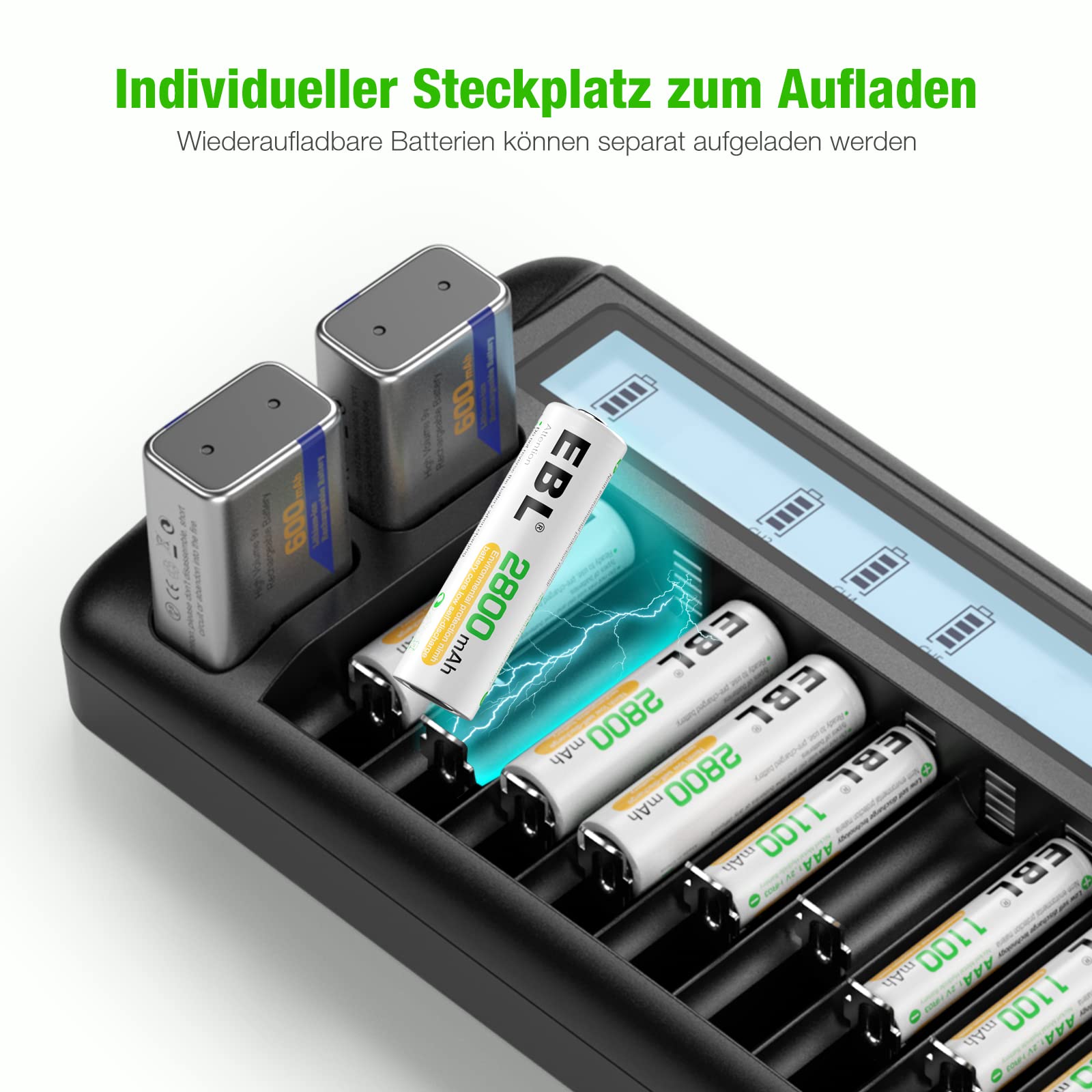 EBL 999 Universal Akkuladegerät für Batterie - AA AAA 9v Block Li-Ion/NiMH/NiCd, 12-Ladefach mit LCD Anzeige, Multi Batterieladegerät