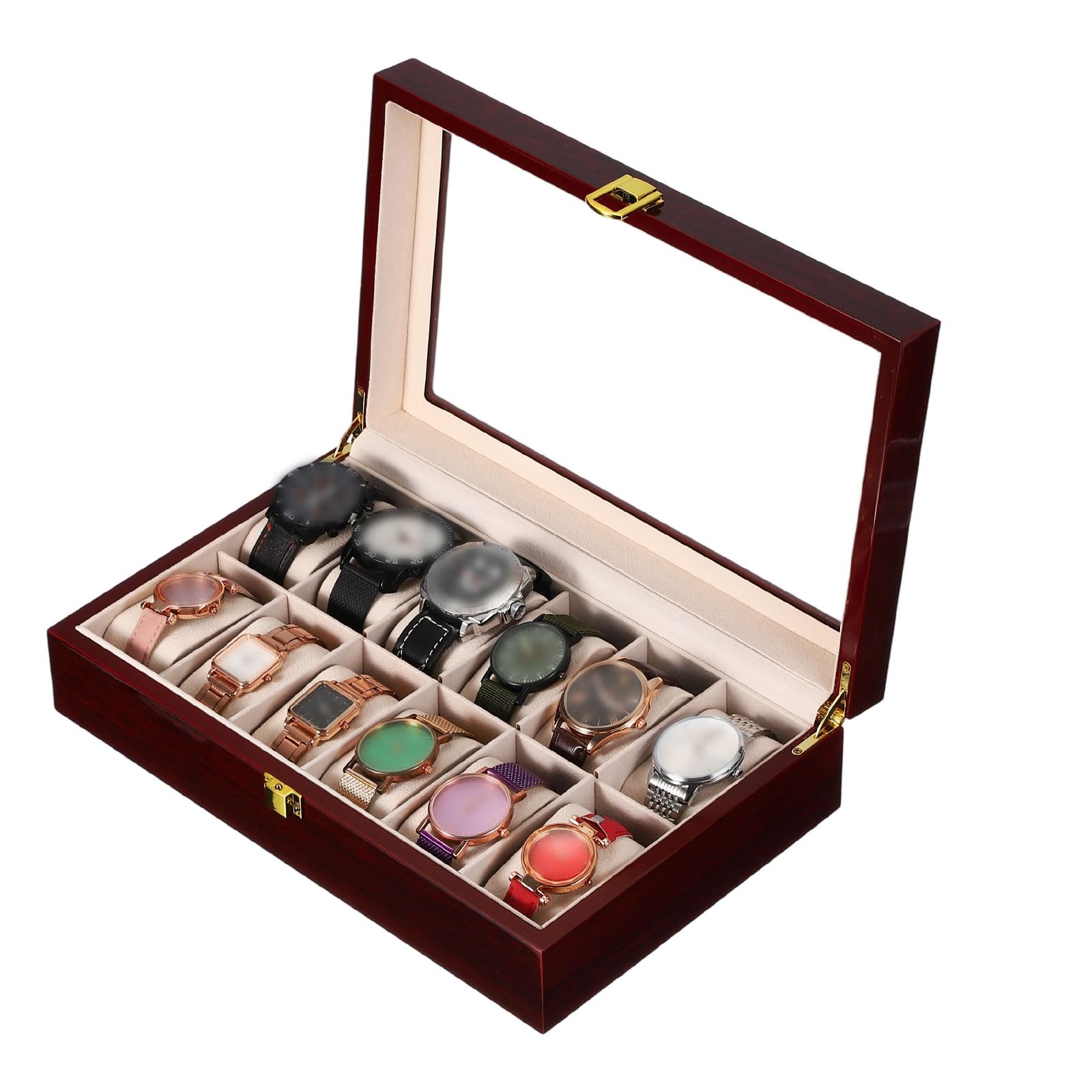 HVMBEUGOS sourcing map 12 Slot Watch Storage Box, Watch Box for Men with Glass Cover, Wooden Watch Box with Removable Watch Pillow, Red