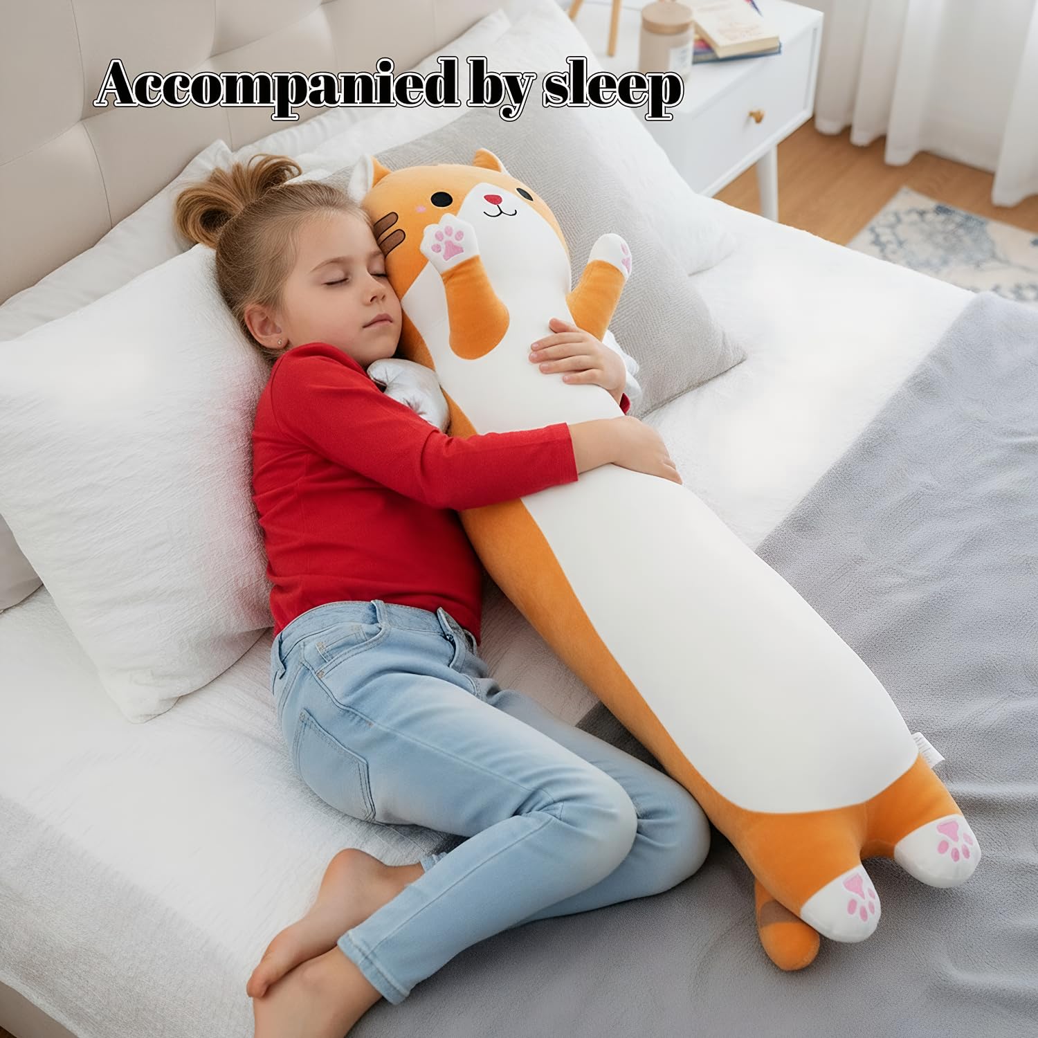 Animali di peluche, cuscino lungo, XXL, con ali e gatti, morbido gatto Kawaii, grande peluche per bambini e adulti (giallo, 110 cm