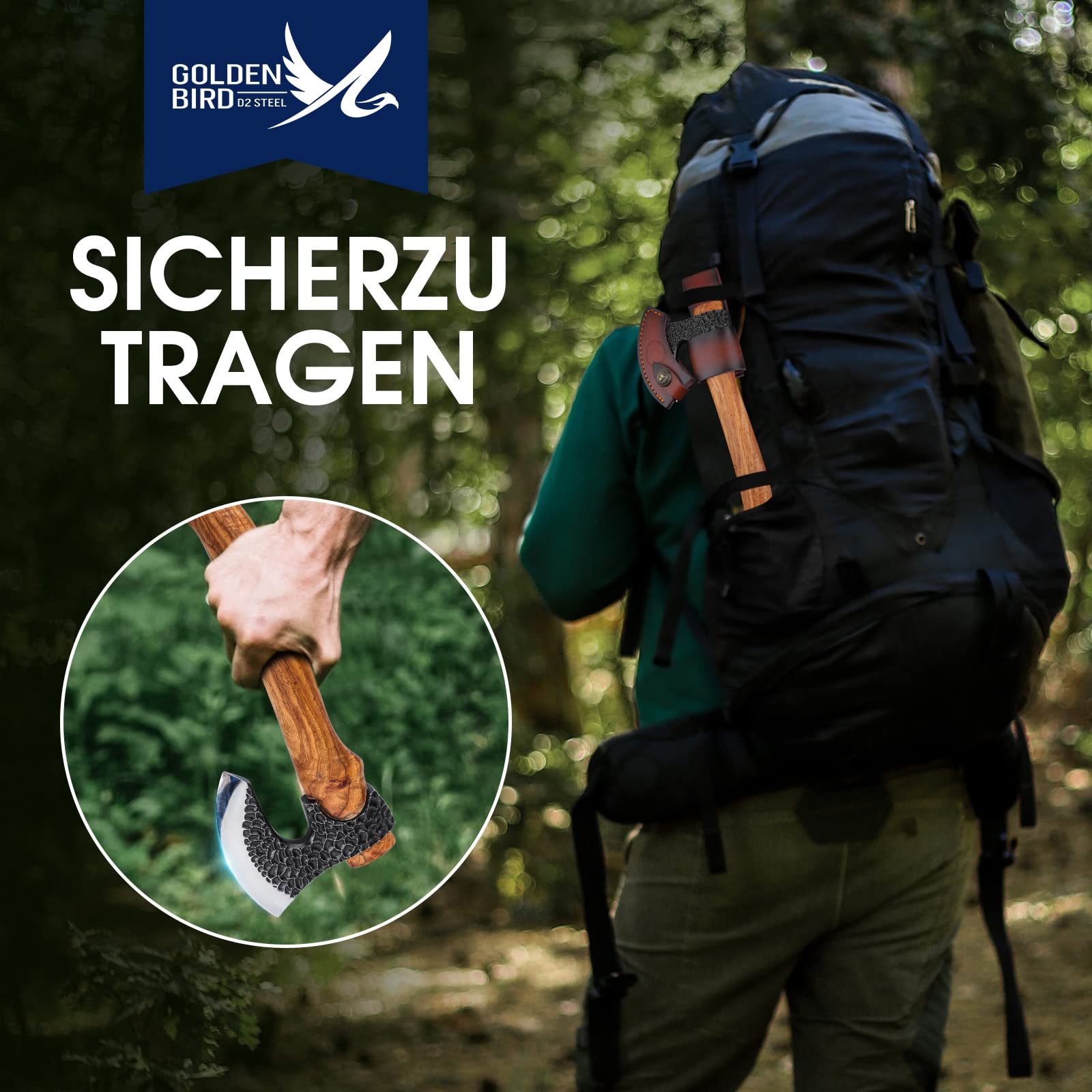 Golden Bird Mini Ascia con Fodero, Ascia da Campeggio 27CM con Manico in Legno di Pero Trekking Ascia di Sopravvivenza Retro Ascia da Esterno Forgiata a Mano