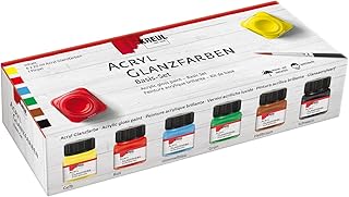 Kreul 79600 - Acryl Glanzfarben im Set, 6 x 20 ml Farbe und ein Pinsel, glänzend-glatte Acrylfarbe zum Anmalen und Bastel...