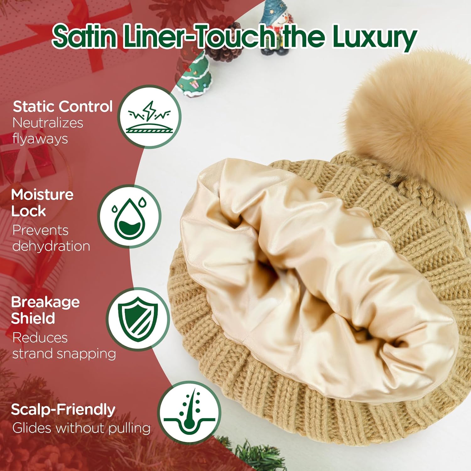 Donfri Womens Satin Lined Beanie Hats Winter Warm Pompom Silk Lining Hat Knit Skull Cap Beanie Gift - Image 2