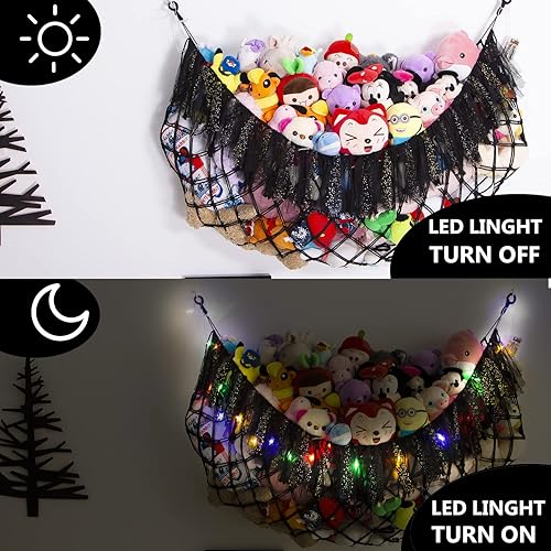 Miniatura 3 de Hamaca grande de animales de peluche con luz montada en la pared, hamaca Squishmallow de peluches, organizador de juguetes, hamaca de macramé