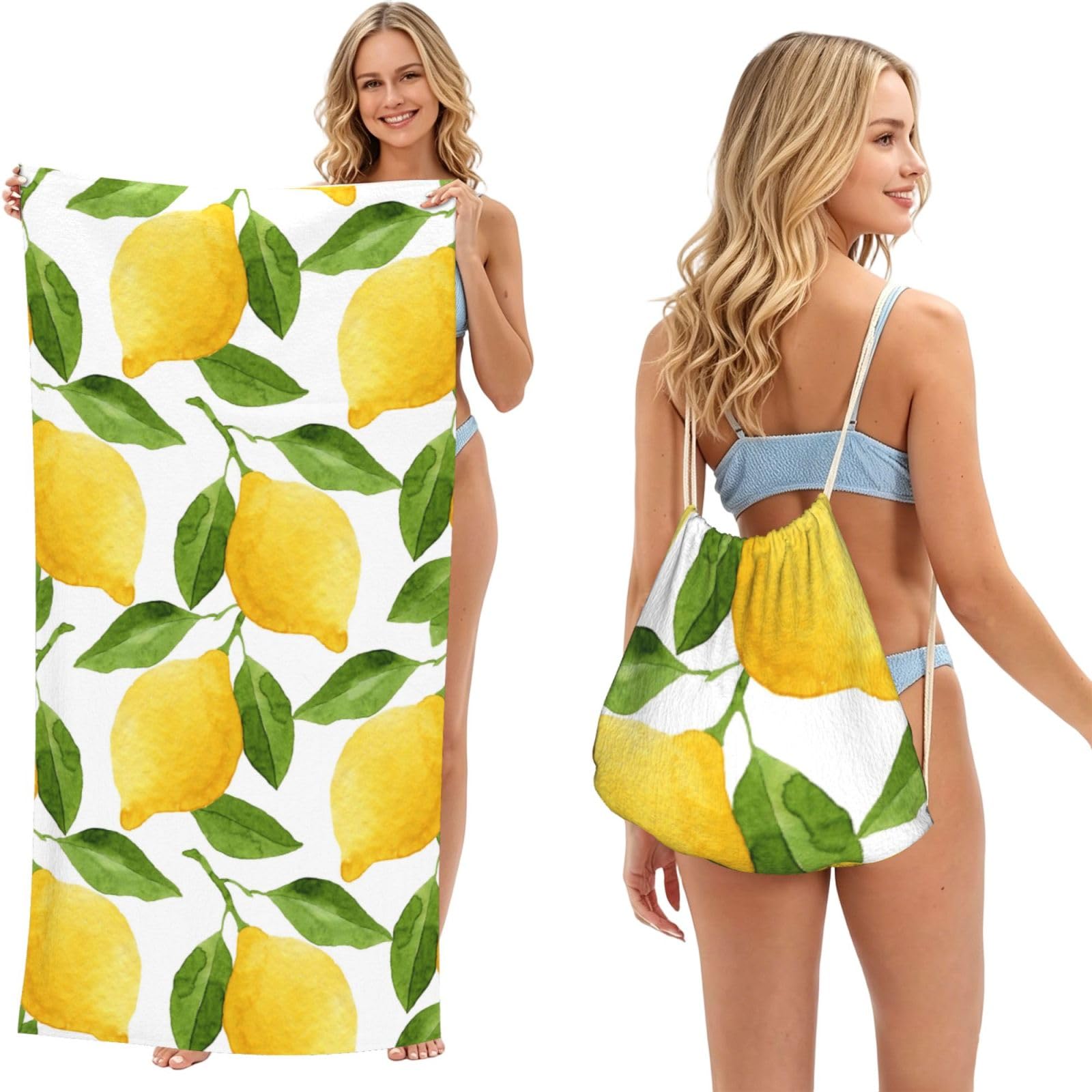 Poadnly As Picture Lemon Leaf, 2 In 1 Packable Towel Bag, Beach Towels With Drawstring Backpack For Travel Holiday Camping