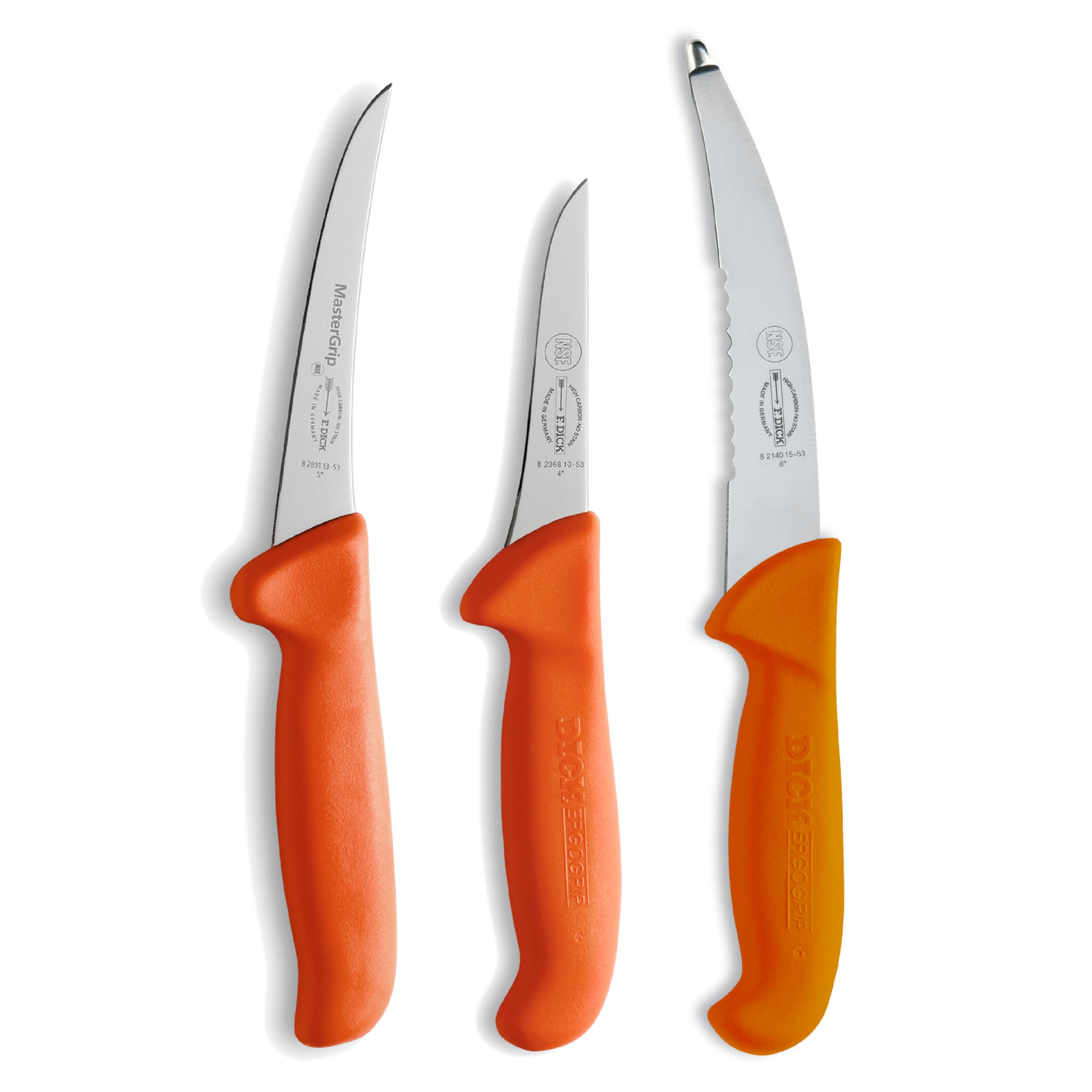 F. Dick Messer Set ErgoGrip 3-teilig „Jagd Outdoor“ (Aufbrechmesser 15 cm, Ausbeinmesser geschweift starr 13 cm, Ringelmesser gerade 10 cm, HRC 56°) 82556200, Orange