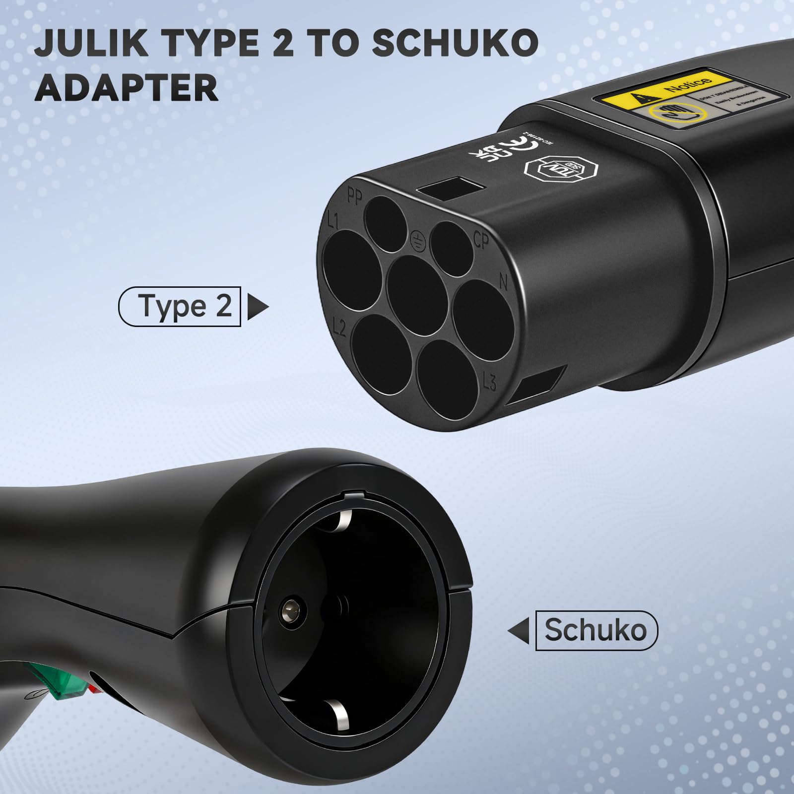 JULIK Adattatore da tipo 2 a Schuko 16 A 3,7 kW - AC Wallbox adattatore con elettronica di avvio/arresto e sblocco - per stazioni di ricarica di tipo 2 (IEC 62196-2)