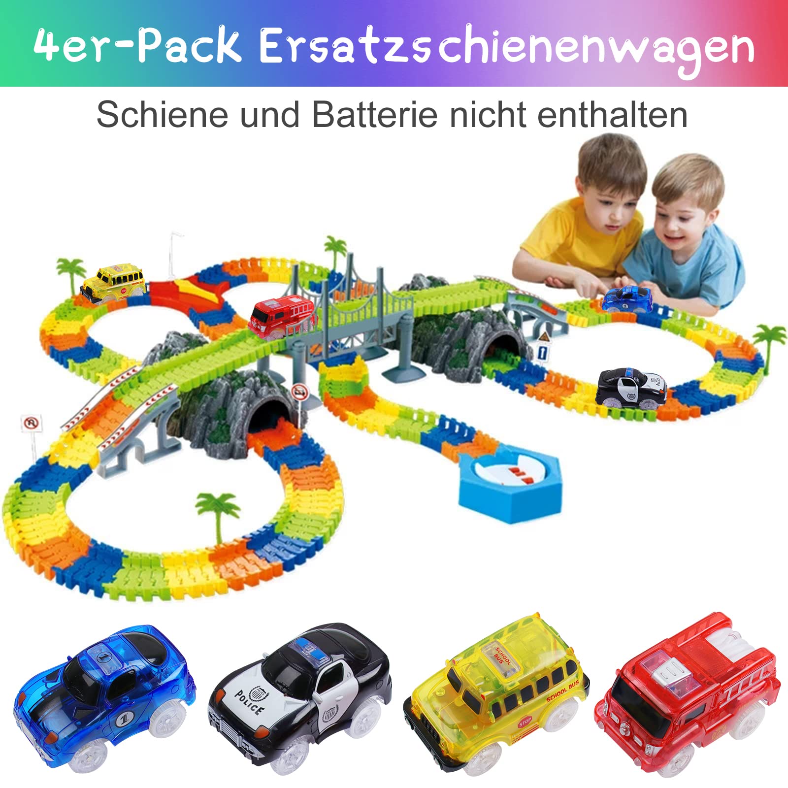 sikkeby Tracks Cars, 4 Pack Circuit Voiture Enfant avec 5 flashs LED, Rail Voiture Jouet Brille dans l'obscurité, Compatible avec la Plupart des Pistes pour Enfants, garçons et Filles