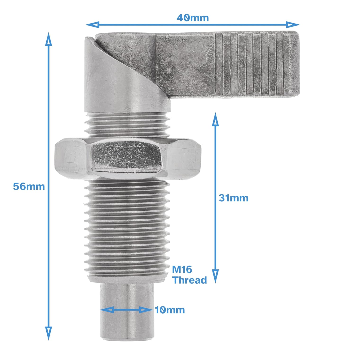 M16 x 1.5 x 31mm Thread 10mm Pin Diameter Lever Indexing Spring Plunger with Stop Notch - Stainless Steel L-Shaped Retractable Locking Bolt Knob Threaded Index Mechanism Accessory Tool