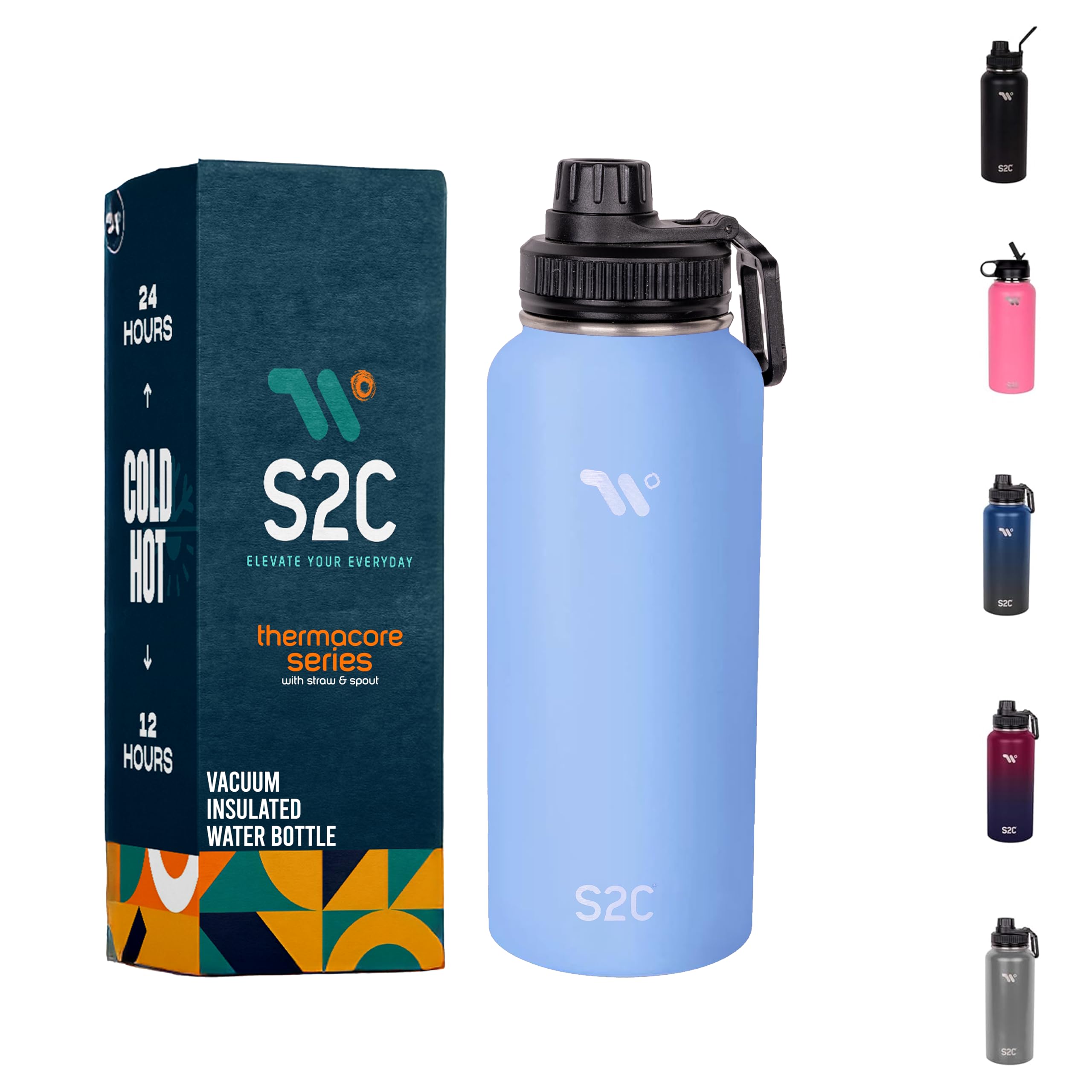 S2C Stainless Steel Water Bottle 1L, 32oz Double Wall Vacuum Insulated Water Bottle, BPA Free with Spout Lid - Thermos Water Flask for Hot Water(SKY BLUE)