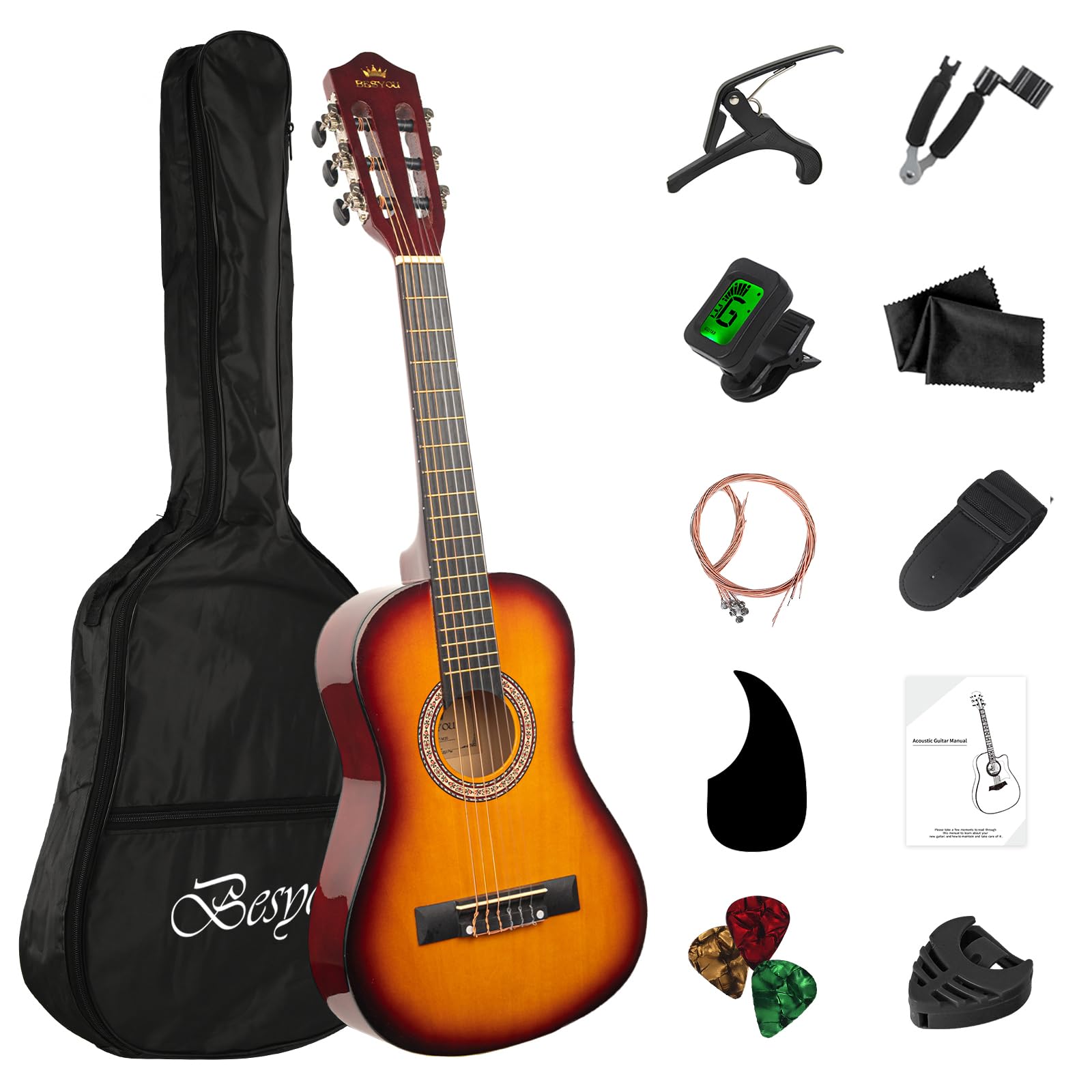 BESYOU 30in Beginner Acoustic Guitar Basic Starter Kit Tuner Bag Capo Strings Winders Strap Picks Student/Kids Guitar Pickguard with Gig Bag Sunset