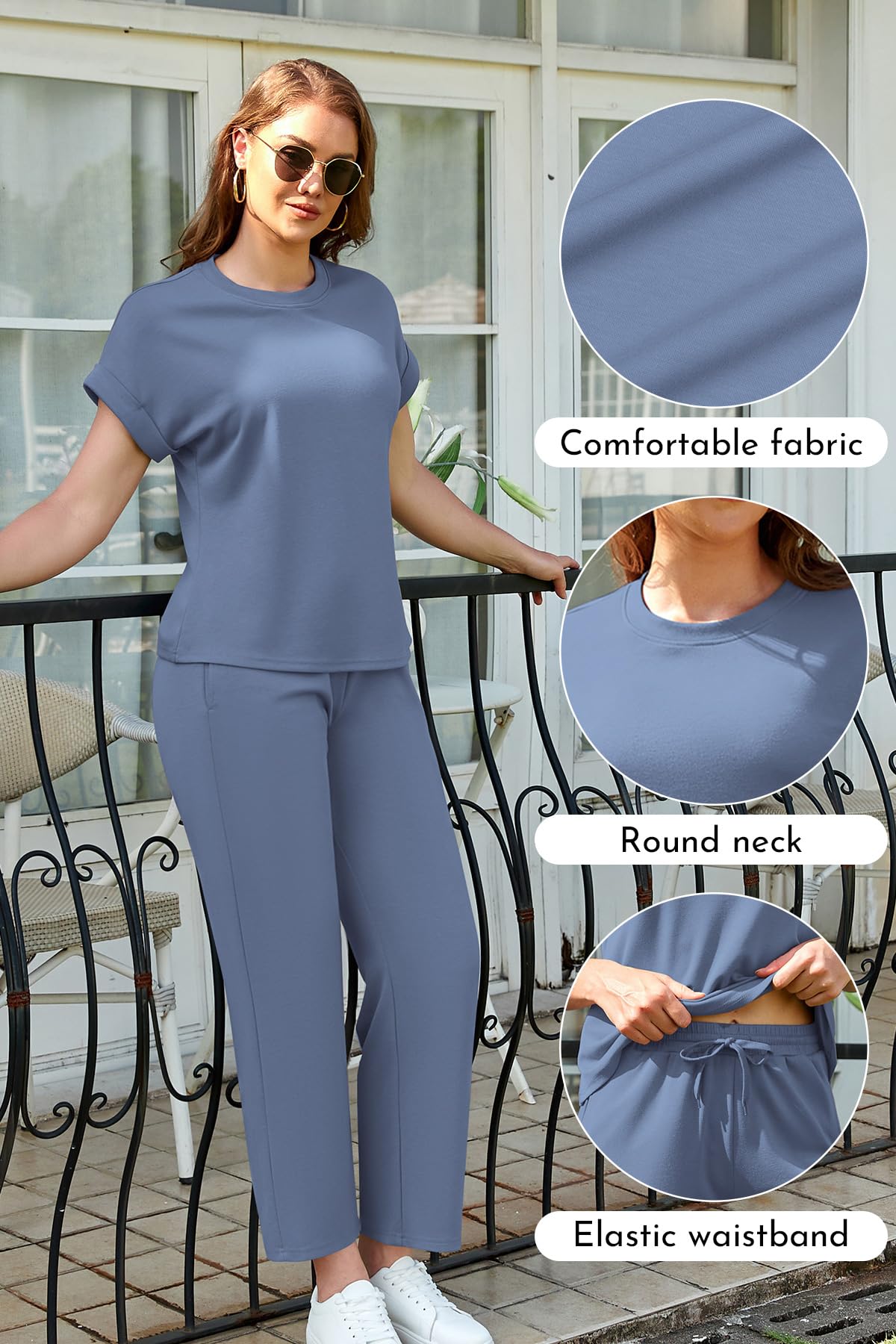 SHEKINI Tuta da donna a maniche corte, girocollo, tinta unita, in due pezzi, per la casa, casual, con tasche