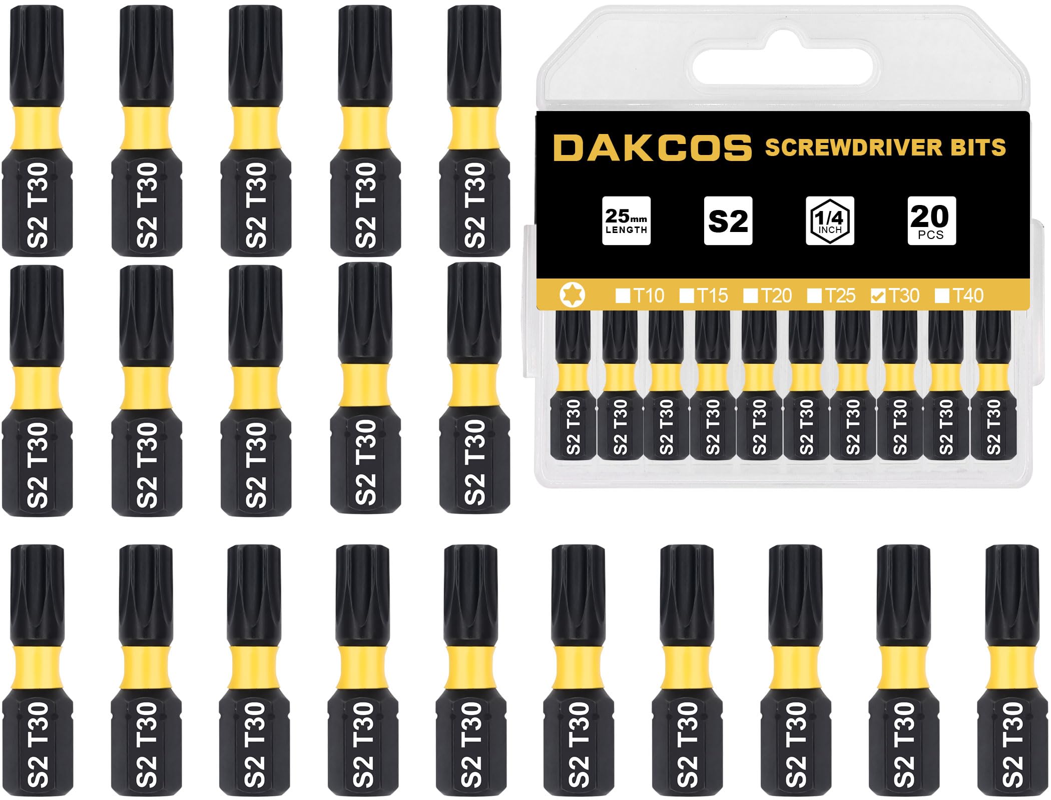 DAKCOS T30 Torx Bit Set, 20-Piece Premium S2 Alloy Steel 1-inch Long Screwdriver Insert Bits Hex Shank with Quick Release Slot