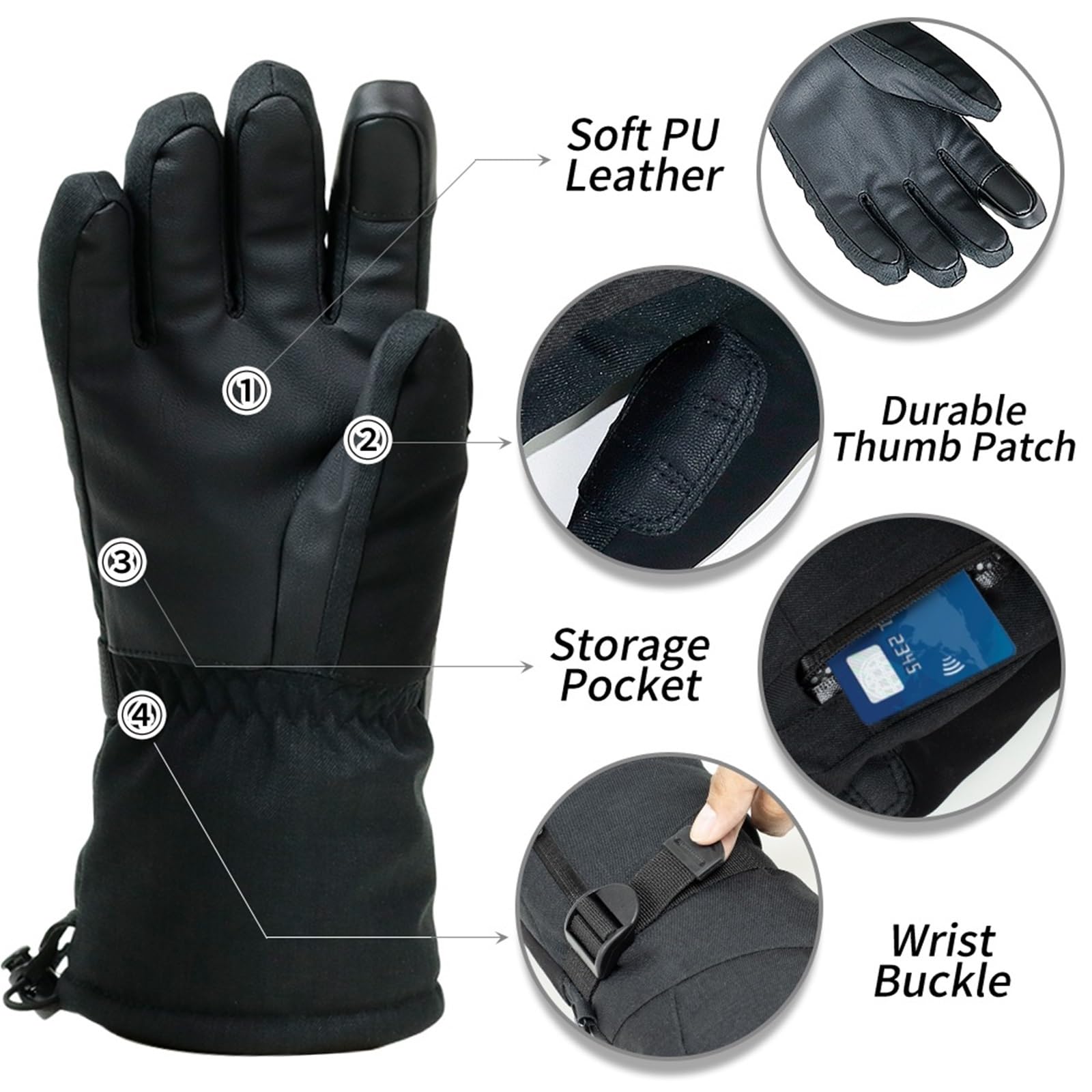 Guantes de esquí unisex, guantes térmicos impermeables para snowboard con pantalla táctil y bolsillo de almacenamiento (negro, XL)